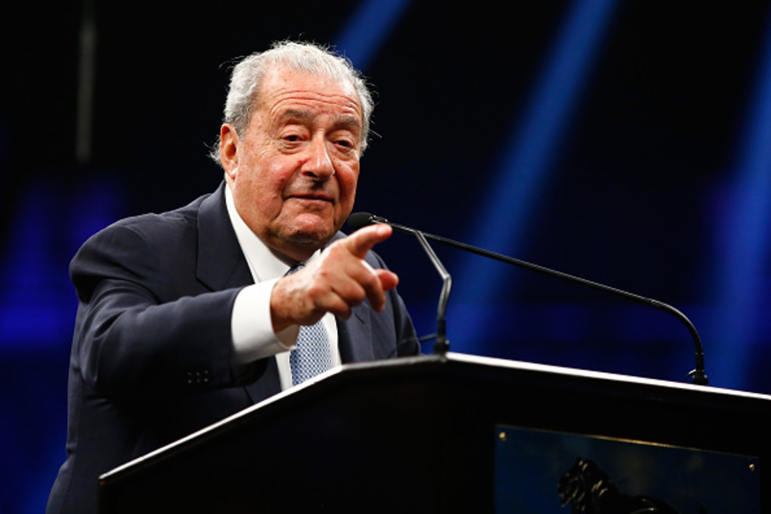 LAS VEGAS, NV - MAY 02:  Founder and CEO of Top Rank Bob Arum answers questions during the post-fight news conference on May 2, 2015 at MGM Grand Garden Arena in Las Vegas, Nevada.  (Photo by Al Bello/Getty Images)