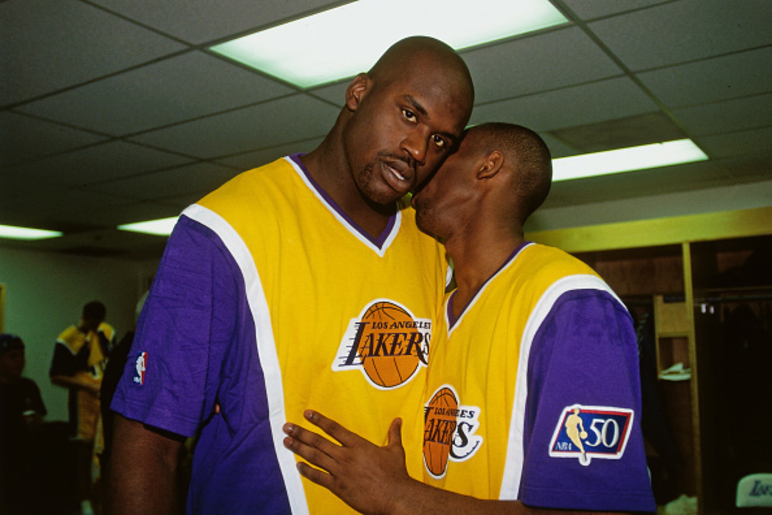 INGLEWOOD, CA - NOVEMBER 3: Shaquille O'Neal and Kobe Bryant #8 of the Los Angeles Lakers after the game against the Minnesota Timberwolves in his first regular season game on November 3, 1996 at The Forum in Inglewood, California.  NOTE TO USER: User exp