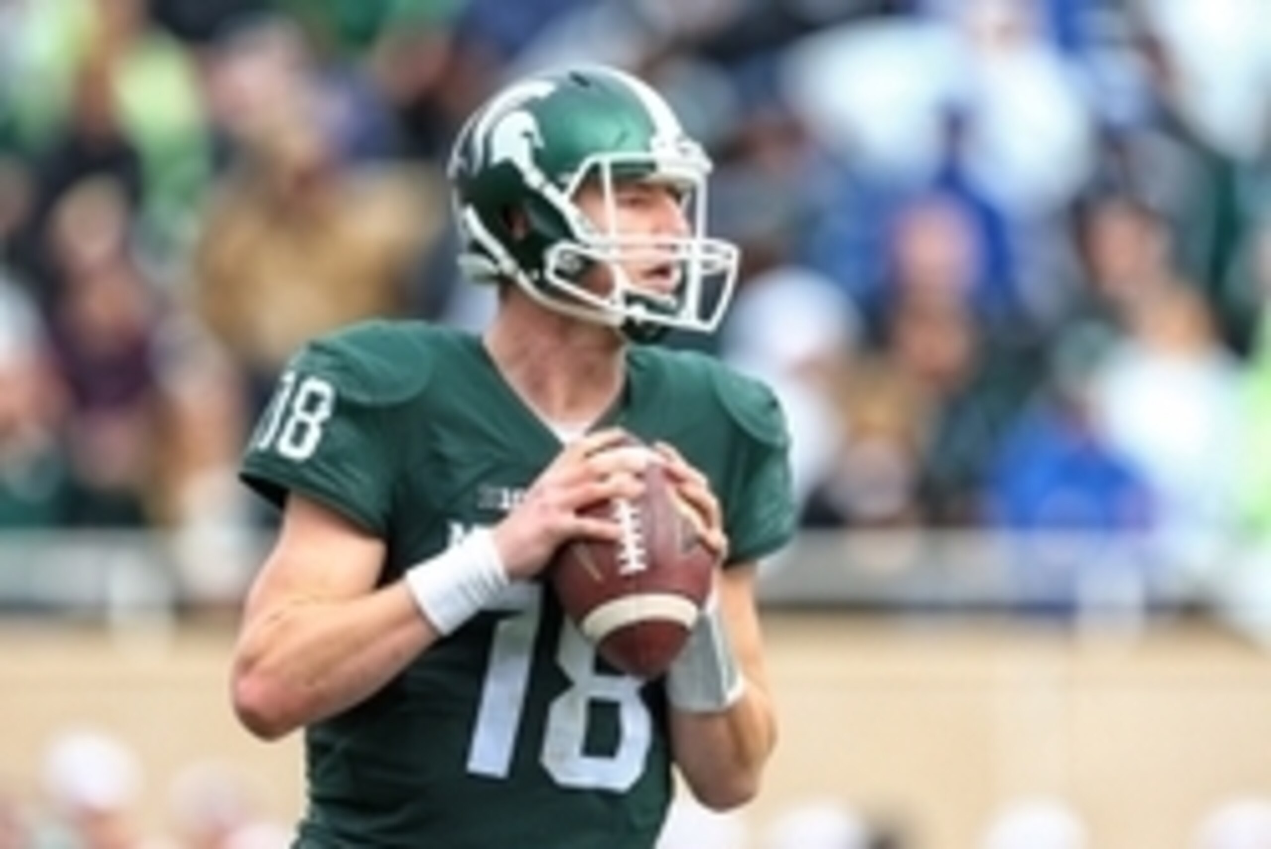 Oct 24, 2015; East Lansing, MI, USA; Michigan State Spartans quarterback Connor Cook (18) attempts to throw the ball against the Indiana Hoosiers during the 1st half of a game at Spartan Stadium. Mandatory Credit: Mike Carter-USA TODAY Sports