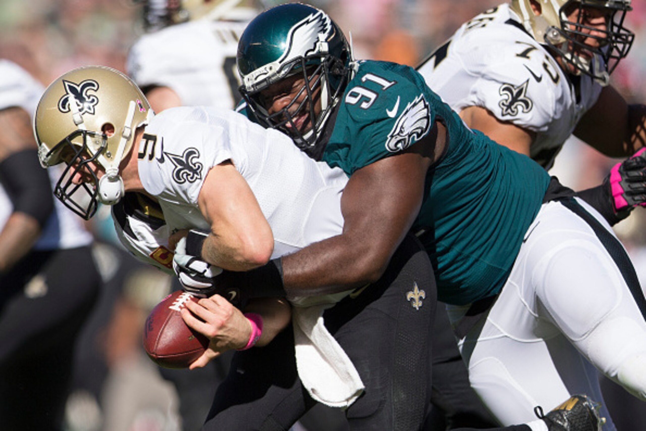 PHILADELPHIA, PA - OCTOBER 11: Fletcher Cox #91 of the Philadelphia Eagles sacks and forces a fumble on Drew Brees #9 of the New Orleans Saints in the third quarter on October 11, 2015 at Lincoln Financial field in Philadelphia, Pennsylvania. The Eagles d