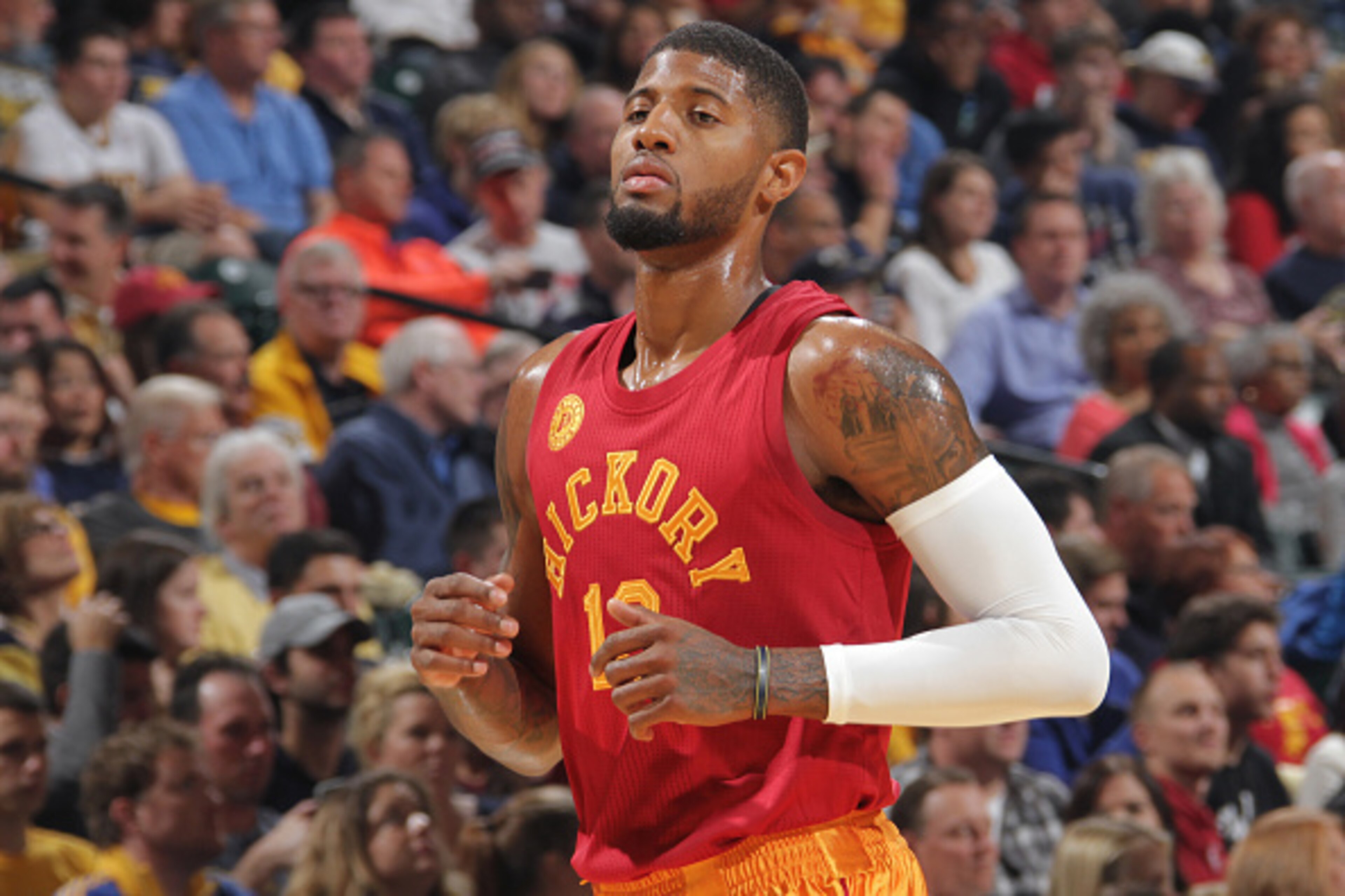 INDANAPOLIS, IN - NOVEMBER 6:  Paul George #13 of the Indiana Pacers runs up court against the Miami Heat on November 6, 2015 in Indianapolis, Indiana. NOTE TO USER: User expressly acknowledges and agrees that, by downloading and/or using this Photograph,