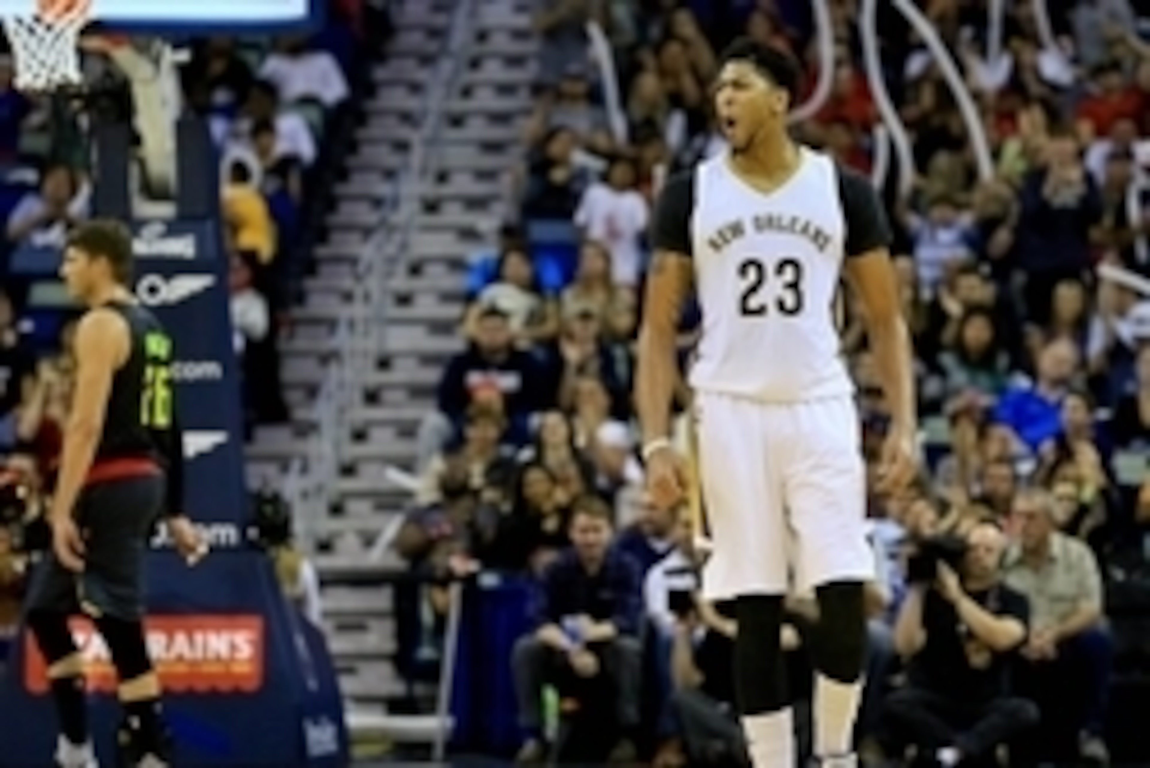 Nov 6, 2015; New Orleans, LA, USA; New Orleans Pelicans forward Anthony Davis (23) reacts after a score against the Atlanta Hawks during the second half of a game at the Smoothie King Center. The Hawks defeated the Pelicans 121-115. Mandatory Credit: Deri