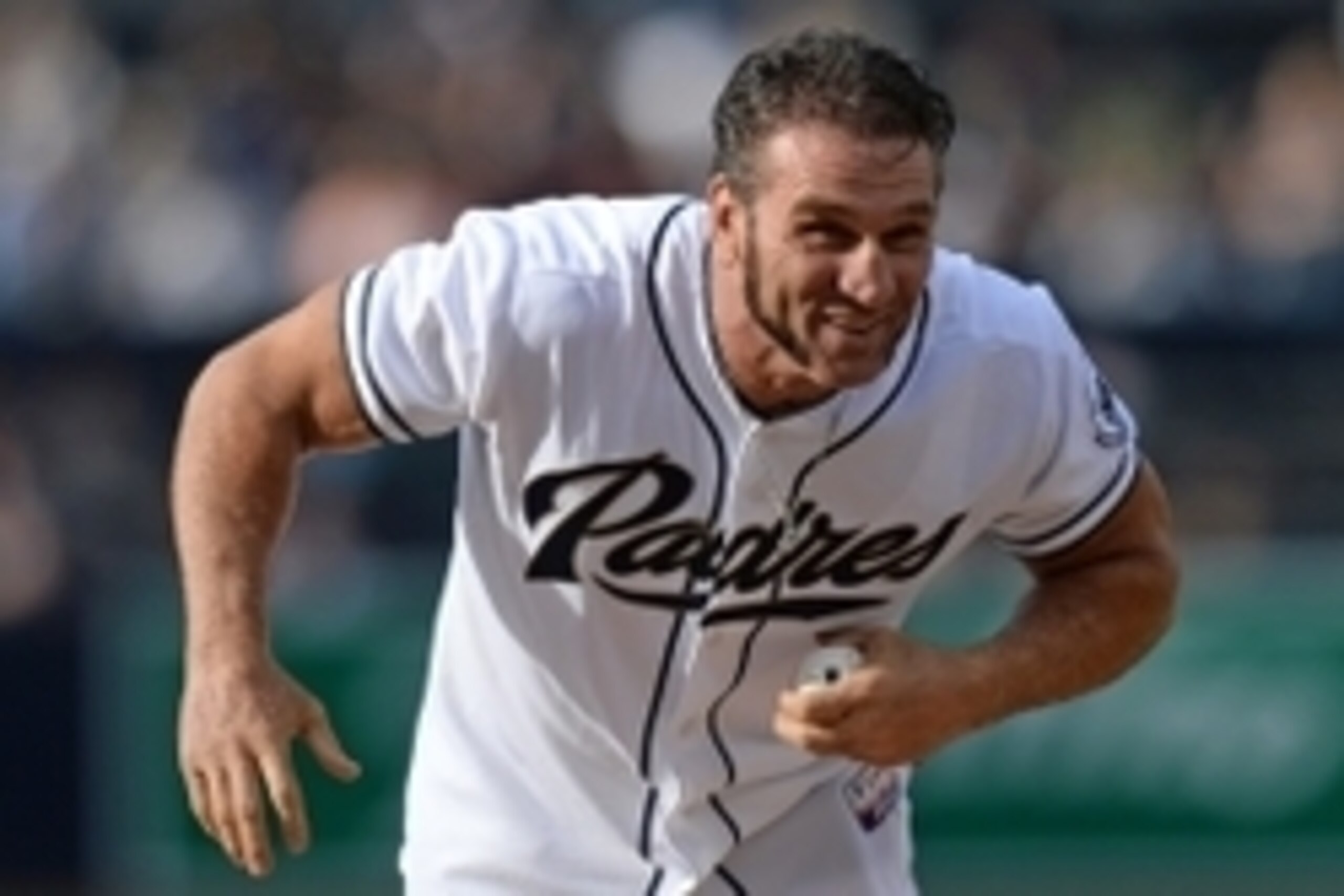May 16, 2015; San Diego, CA, USA; UFC fighter Ken Shamrock imitates San Diego Padres relief pitcher Craig Kimbrel (not pictured) before delivering the ceremonial first pitch before the game against the Washington Nationals at Petco Park. Mandatory Credit: