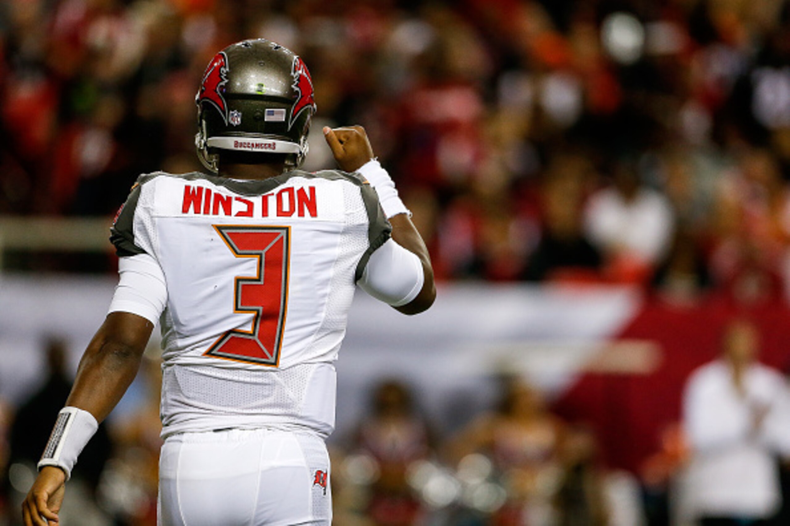 TAMPA, FL - NOVEMBER 1: A back view of Quarterback Jameis Winston #3 of the Tampa Bay Buccaneers during the game against the Atlanta Falcons at the Georiga Dome on November 1, 2015 in Atlanta, Georiga. The Buccaneers defeated the Falcons 23 to 20 in OT. (