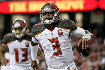 TAMPA, FL - NOVEMBER 1: Quarterback Jameis Winston #3 of the Tampa Bay Buccaneers rushes in for a touchdown during the game against the Atlanta Falcons at the Georgia Dome on November 1, 2015 in Atlanta, Georgia. The Buccaneers defeated the Falcons 23 to 