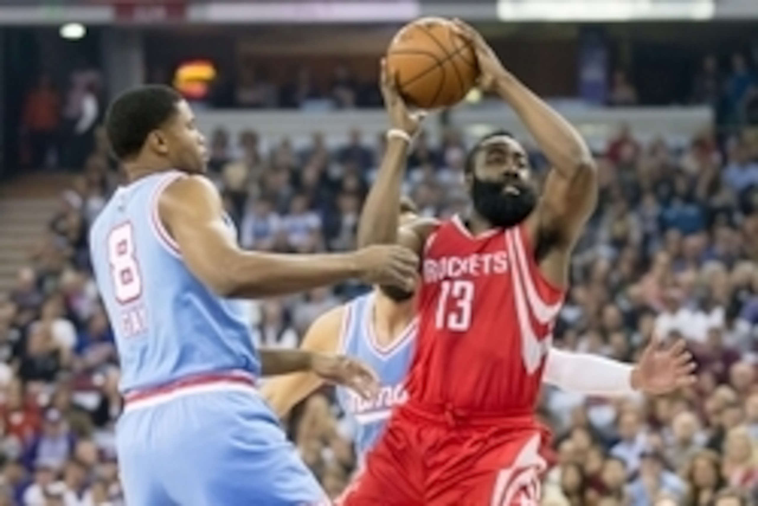 Nov 6, 2015; Sacramento, CA, USA; Houston Rockets guard James Harden (13) drives in between Sacramento Kings forward Rudy Gay (8) and Sacramento Kings forward Marco Belinelli (3) during the first quarter at Sleep Train Arena. Mandatory Credit: Kelley L Co Nov 6, 2015; Sacramento, CA, USA; Houston Rockets guard James Harden (13) drives in between Sacramento Kings forward Rudy Gay (8) and Sacramento Kings forward Marco Belinelli (3) during the first quarter at Sleep Train Arena. Mandatory Credit: Kelley L Co