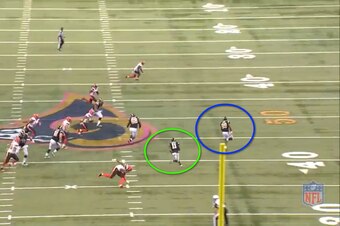 If nothing else, Jared Cook is a great combination of big and fast. He gets way out front of Tavon Austin, and the pairing are off the races for a huge gain.