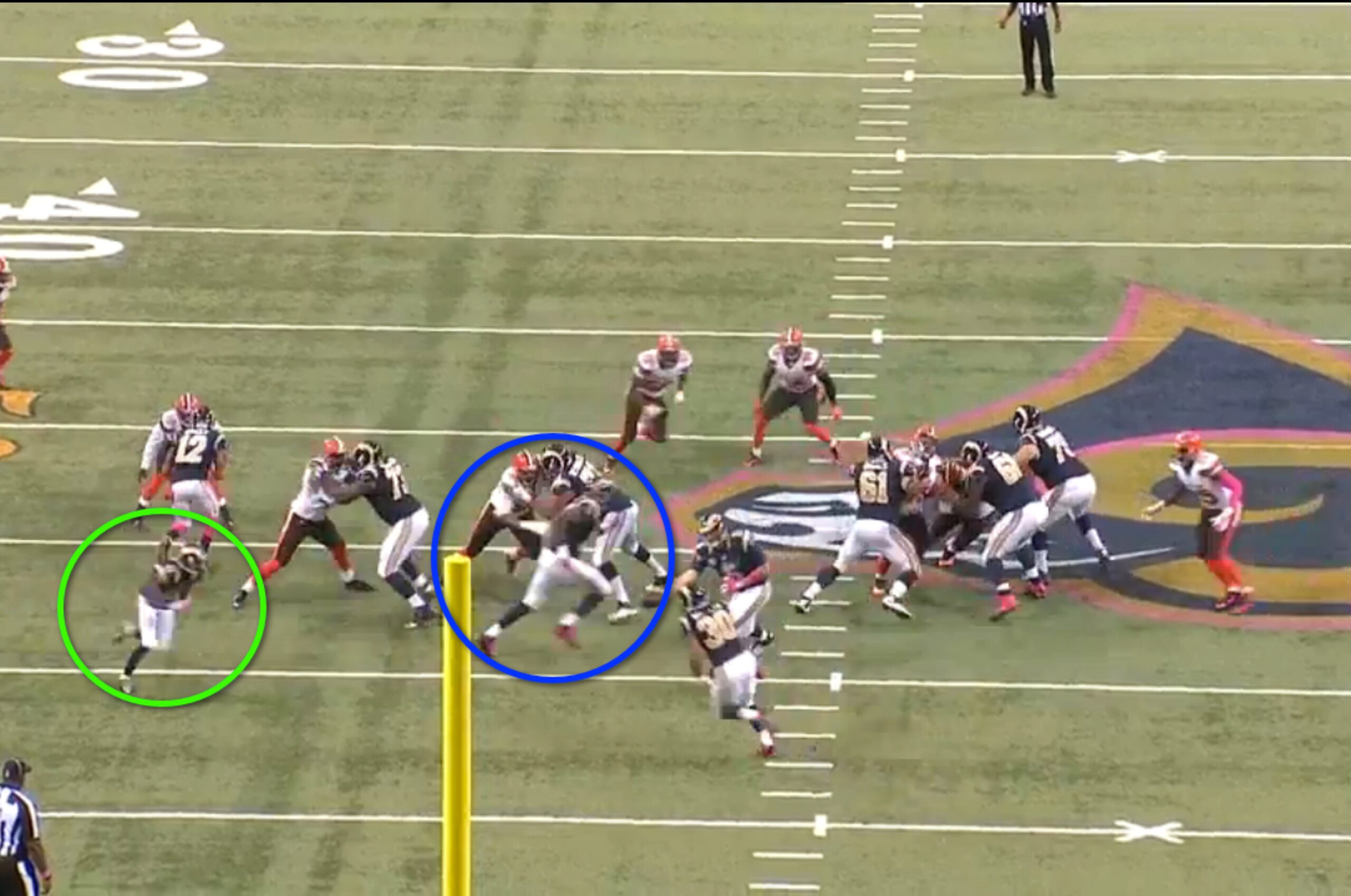 Cook pulls effectively and the Rams offensive line nails its blocking assignments.