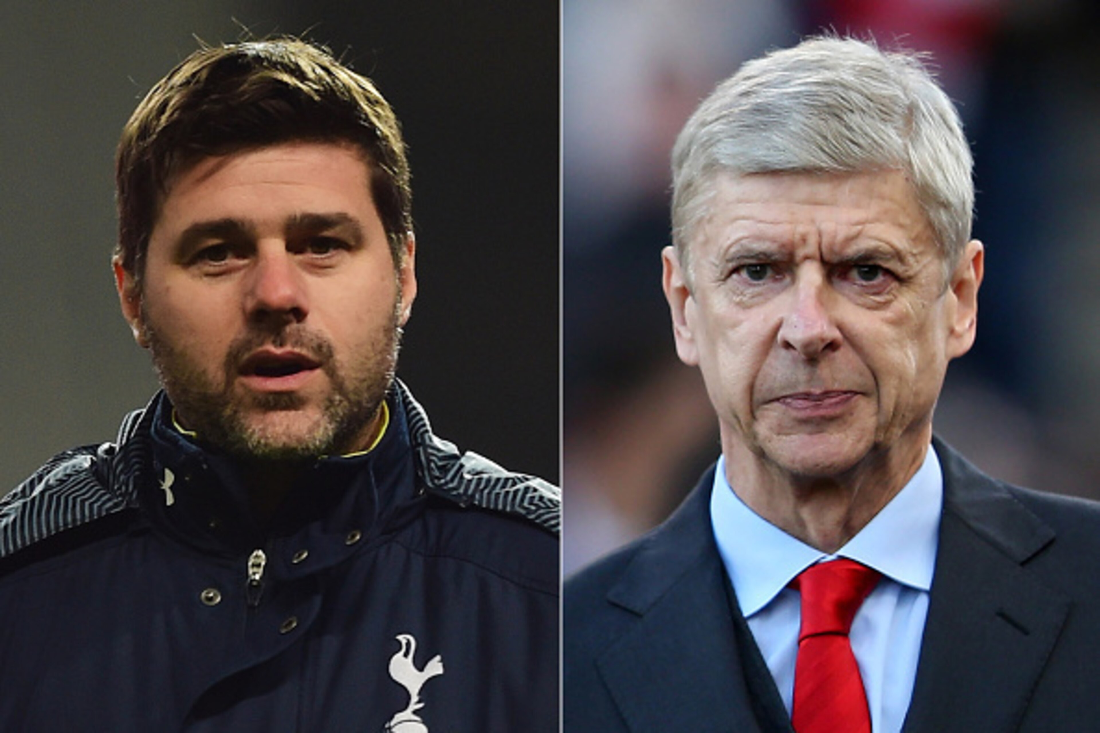 FILE PHOTO (EDITORS NOTE: COMPOSITE OF TWO IMAGES - Image numbers (L) 460244366 and 460050132) In this composite image a comparision has been made between Mauricio Pochettino, manager of Tottenham Hotspur (L) and Arsene Wenger, manager of Arsenal. Tottenh