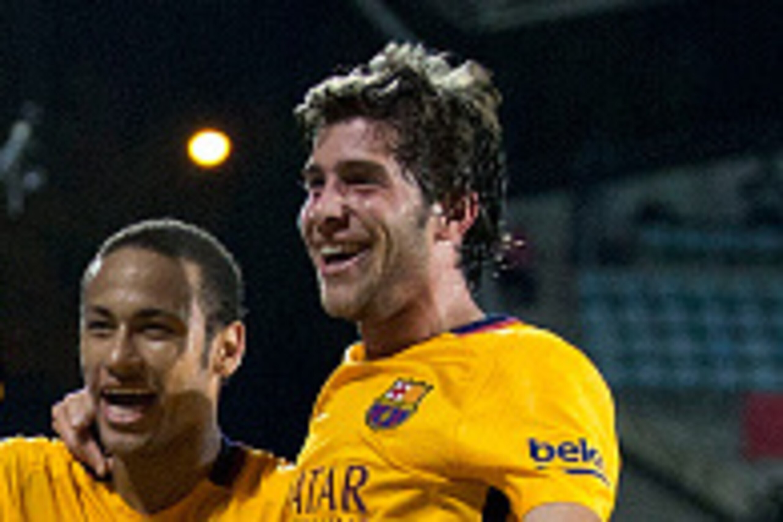 GETAFE, SPAIN - OCTOBER 31: Neymar JR. (2ndR)  of FC Barcelona celebrates with his teammates Sergi Roberto (R) and Jordi Alba (2ndL) Luis Suarez,s (L) opening goal during the La Liga match between Getafe CF and FC Barcelona at Coliseum Alfonso Perez on Oc