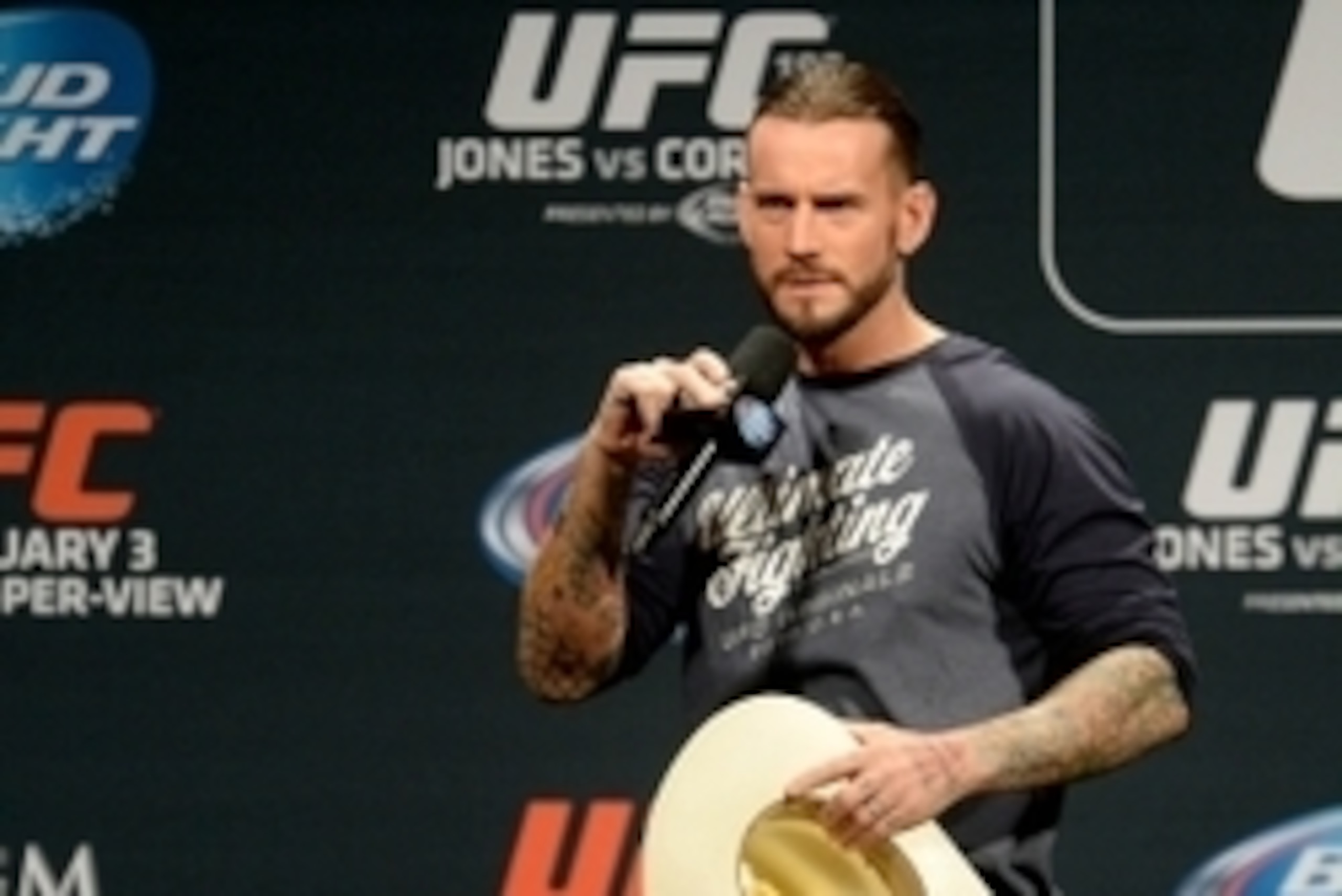 Jan 2, 2015; Las Vegas, NV, USA; Former WWE star Phil CM Punk Brooks is the featured guest for the UFC 182 Q&A session Friday evening before the start of the weigh-ins at the MGM Grand Garden Arena. Mandatory Credit: Jayne Kamin-Oncea-USA TODAY Sports