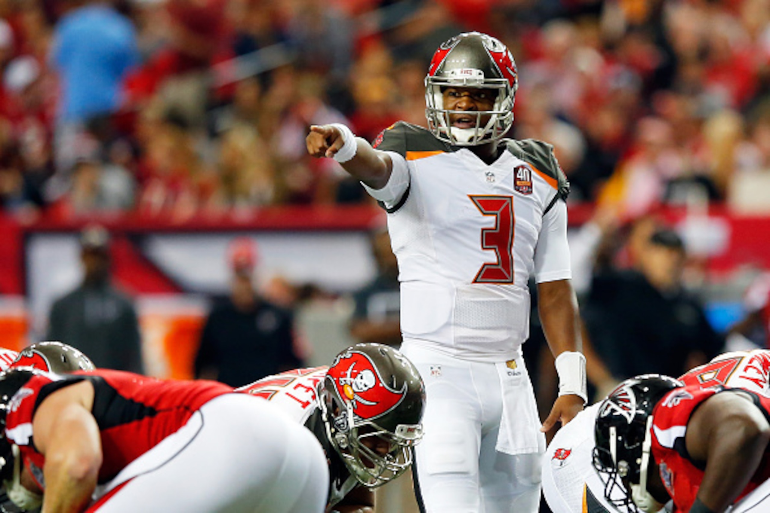 ATLANTA, GA - NOVEMBER 01:  Jameis Winston #3 of the Tampa Bay Buccaneers signals to his teammates at the line during the first half against the Atlanta Falcons at the Georgia Dome on November 1, 2015 in Atlanta, Georgia.  (Photo by Kevin C. Cox/Getty Ima