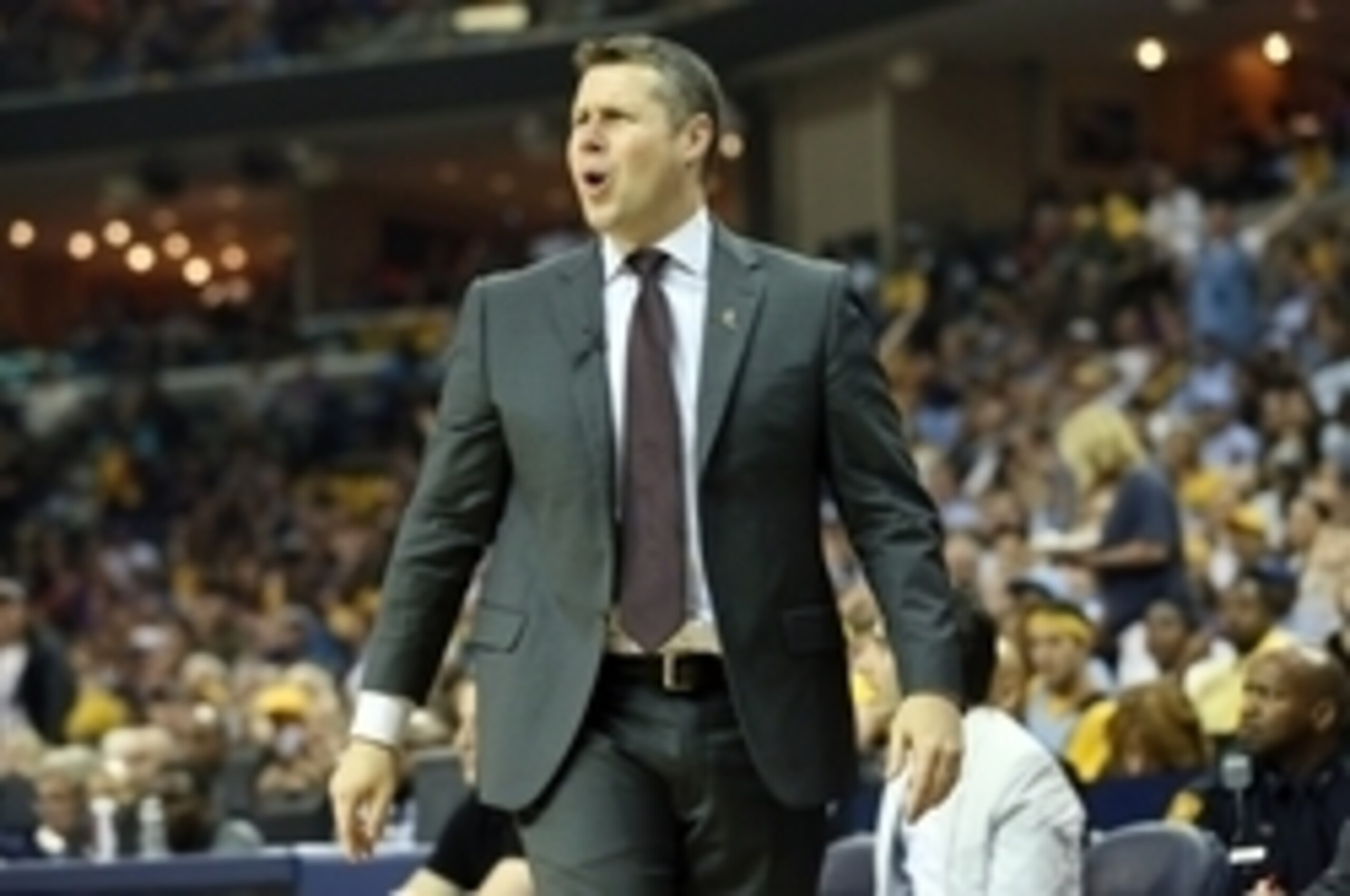 May 15, 2015; Memphis, TN, USA; Memphis Grizzlies head coach Dave Joerger during the second quarter against the Golden State Warriors in game six of the second round of the NBA Playoffs at FedExForum. Mandatory Credit: Nelson Chenault-USA TODAY Sports