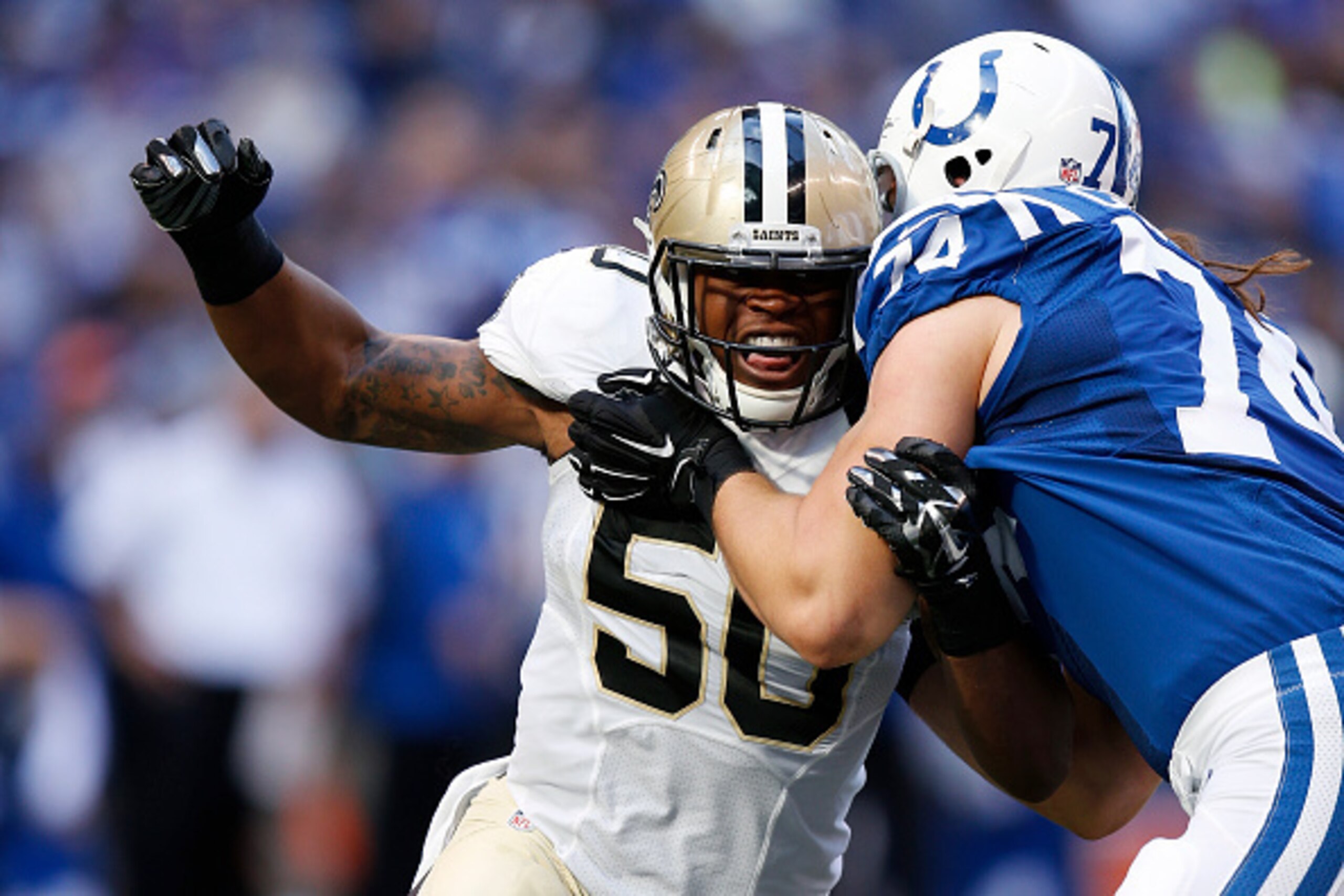 INDIANAPOLIS, IN - OCTOBER 25: Stephone Anthony #50 of the New Orleans Saints in action against the Indianapolis Colts during a game at Lucas Oil Stadium on October 25, 2015 in Indianapolis, Indiana. The Saints defeated the Colts 27-21. (Photo by Joe Robb