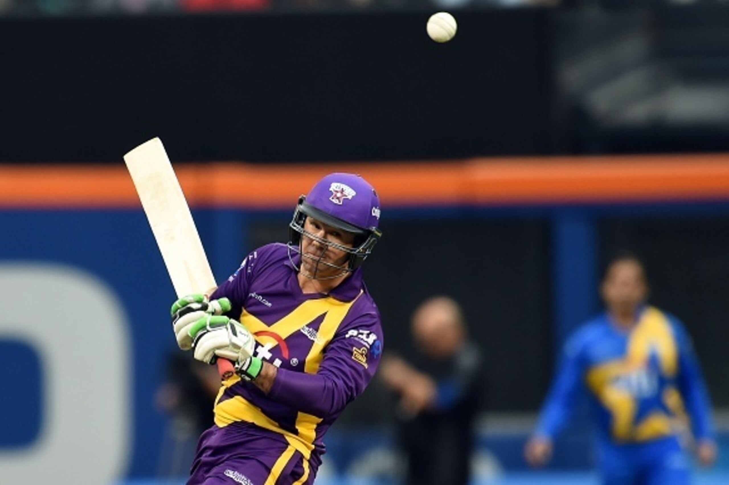 Warne's Warriors batsman Ricky Ponting plays a shot during the first of a three-match T20 series between at the Citi Field in New York on November 7, 2015. Indian Sachin Tendulkar and Australian Shane Warne captain two All-Star sides in a three-match Twen