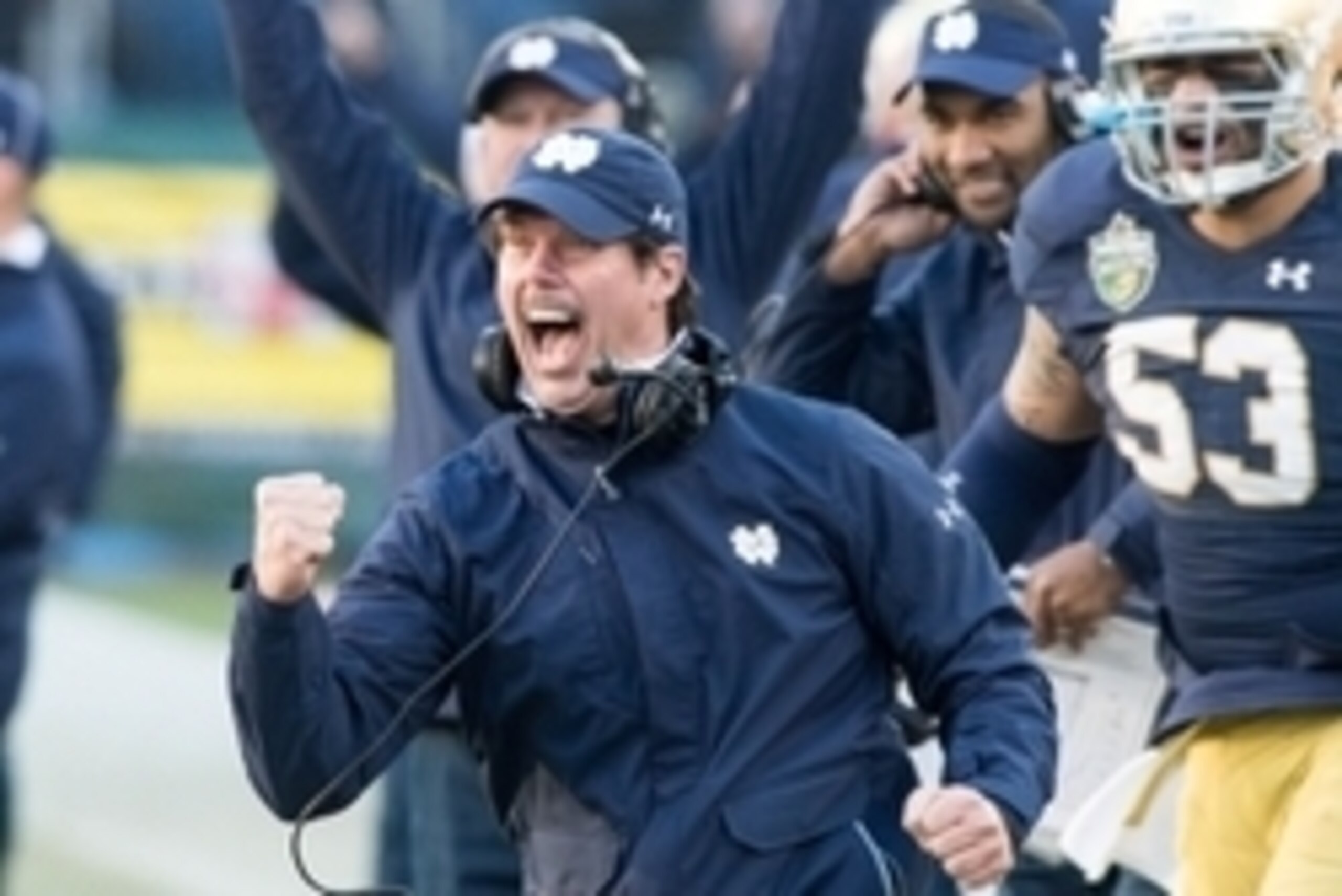 Dec 30, 2014; Nashville, TN, USA; Notre Dame Fighting Irish defensive coordinator Brian VanGorder celebrates after a Notre Dame defensive stop in the second quarter against the Louisiana State Tigers at LP Field. Mandatory Credit: Matt Cashore-USA TODAY S Dec 30, 2014; Nashville, TN, USA; Notre Dame Fighting Irish defensive coordinator Brian VanGorder celebrates after a Notre Dame defensive stop in the second quarter against the Louisiana State Tigers at LP Field. Mandatory Credit: Matt Cashore-USA TODAY S