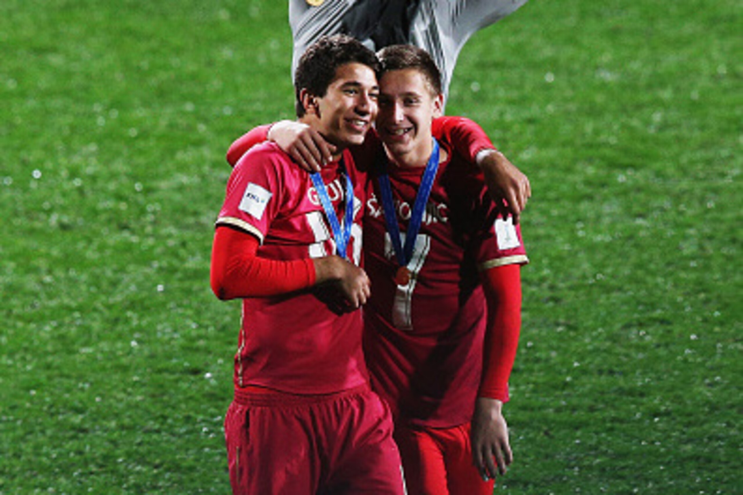 AUCKLAND, NEW ZEALAND - JUNE 20:  Marko Grujic of Serbia and Ivan Saponjic of Serbia celebrate after winning the FIFA U-20 World Cup Final match between Brazil and Serbia at North Harbour Stadium on June 20, 2015 in Auckland, New Zealand.  (Photo by Hanna