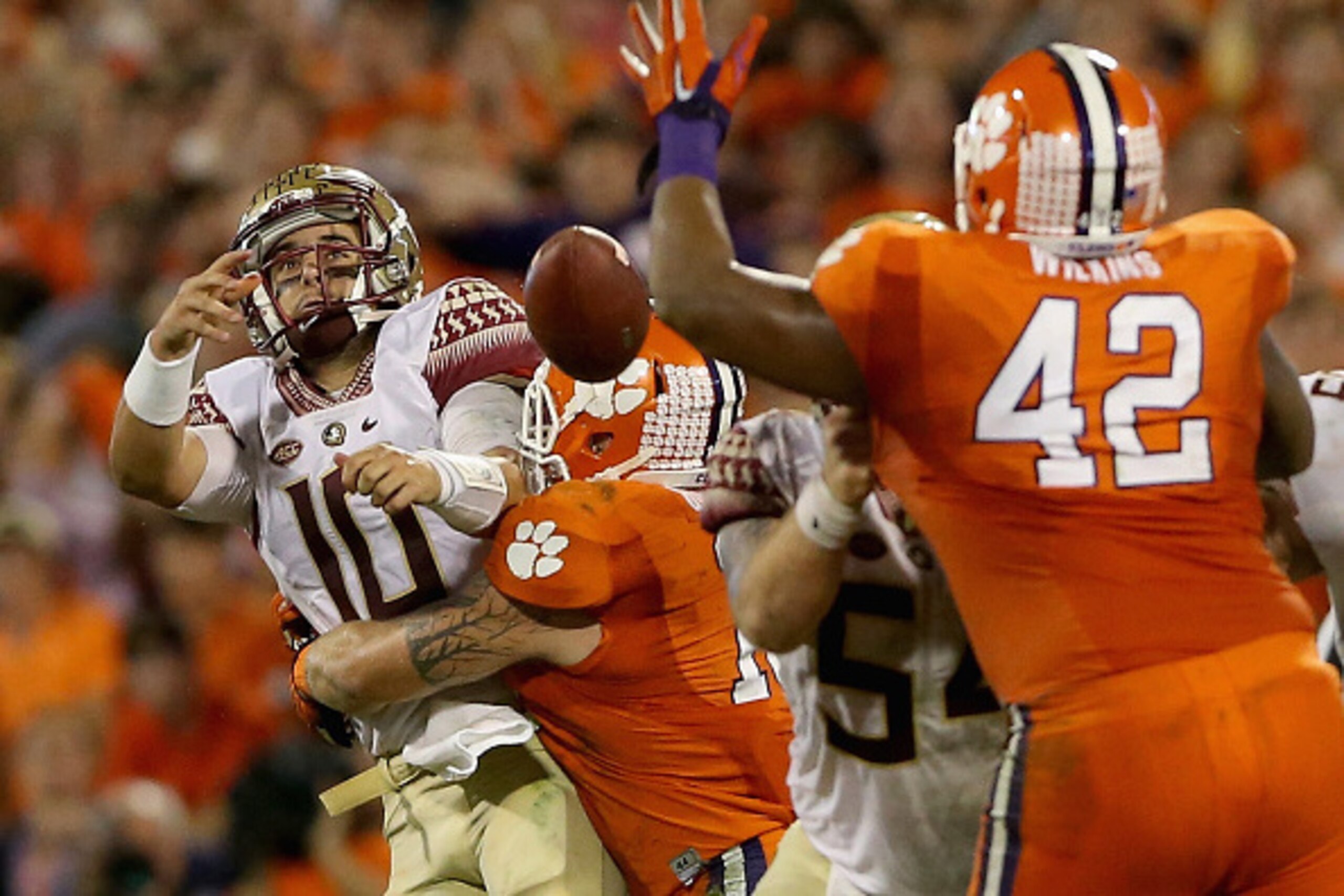 CLEMSON, SC - NOVEMBER 07:  Ben Boulware #10 of the Clemson Tigers hits Sean Maguire #10 of the Florida State Seminoles during their game at Memorial Stadium on November 7, 2015 in Clemson, South Carolina.  (Photo by Streeter Lecka/Getty Images)