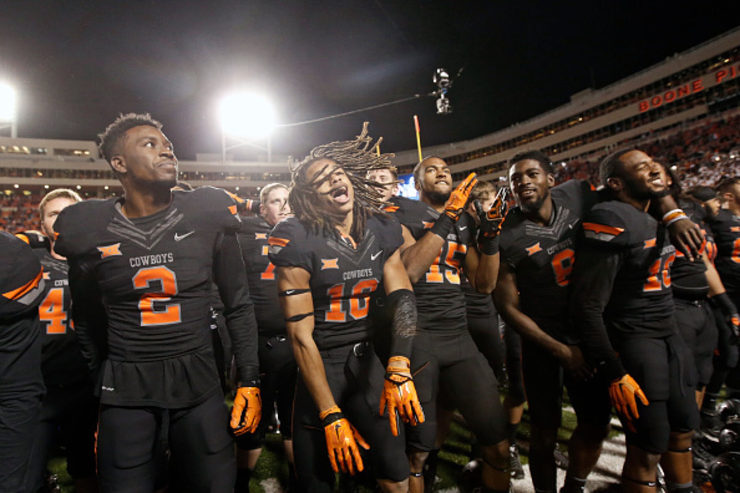 STILLWATER, OK - NOVEMBER 7 : The Oklahoma State Cowboys celebrate after the game against the TCU Horned Frogs November 7, 2015 at Boone Pickens Stadium in Stillwater, Oklahoma. The Cowboys defeated the Horned Frogs 49-29. (Photo by Brett Deering/Getty Im