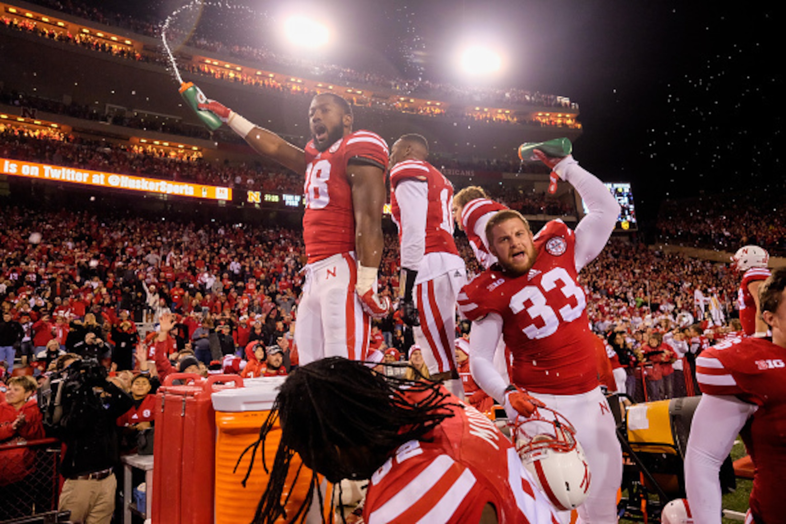 LINCOLN, NE - NOVEMBER 7: The Nebraska Cornhuskers celebrate after defeating the Michigan State Spartans game at Memorial Stadium on November 7, 2015 in Lincoln, Nebraska. (Photo by Eric Francis/Getty Images)