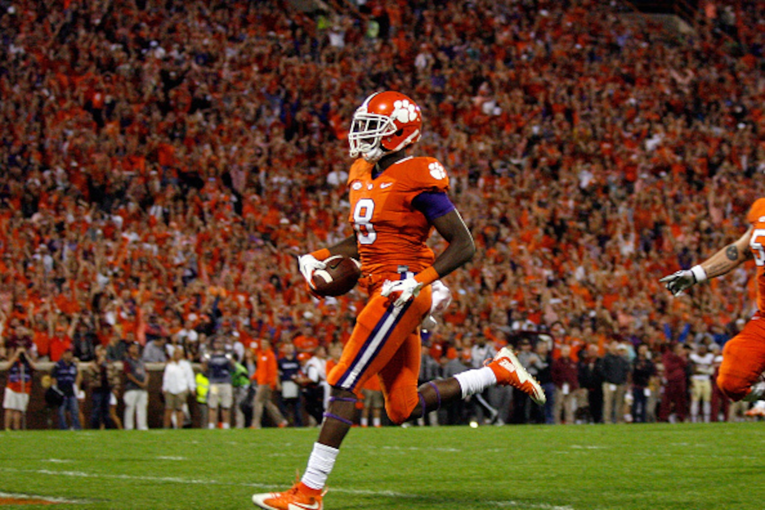 CLEMSON, SC - NOVEMBER 7: Deon Cain #8 of the Clemson Tigers walks into the endzone for a touchdown during the game against the Florida State Seminoles at Memorial Stadium on November 7, 2015 in Clemson, South Carolina. (Photo by Tyler Smith/Getty Images)