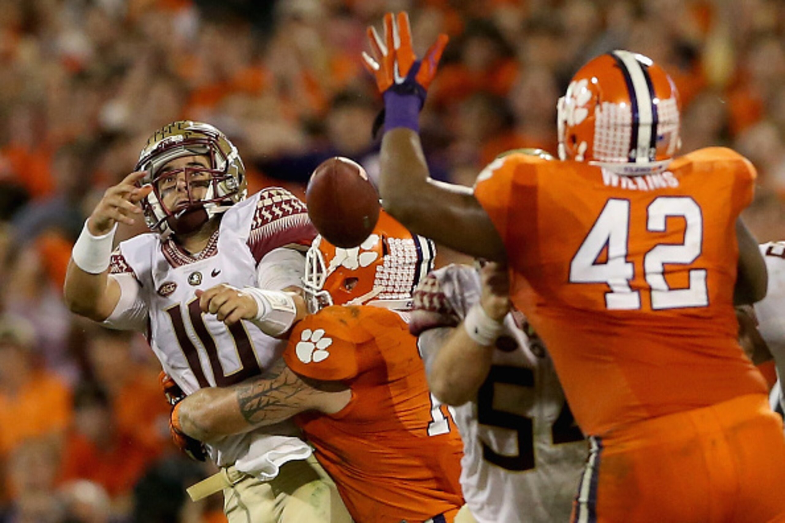 CLEMSON, SC - NOVEMBER 07:  Ben Boulware #10 of the Clemson Tigers hits Sean Maguire #10 of the Florida State Seminoles during their game at Memorial Stadium on November 7, 2015 in Clemson, South Carolina.  (Photo by Streeter Lecka/Getty Images)