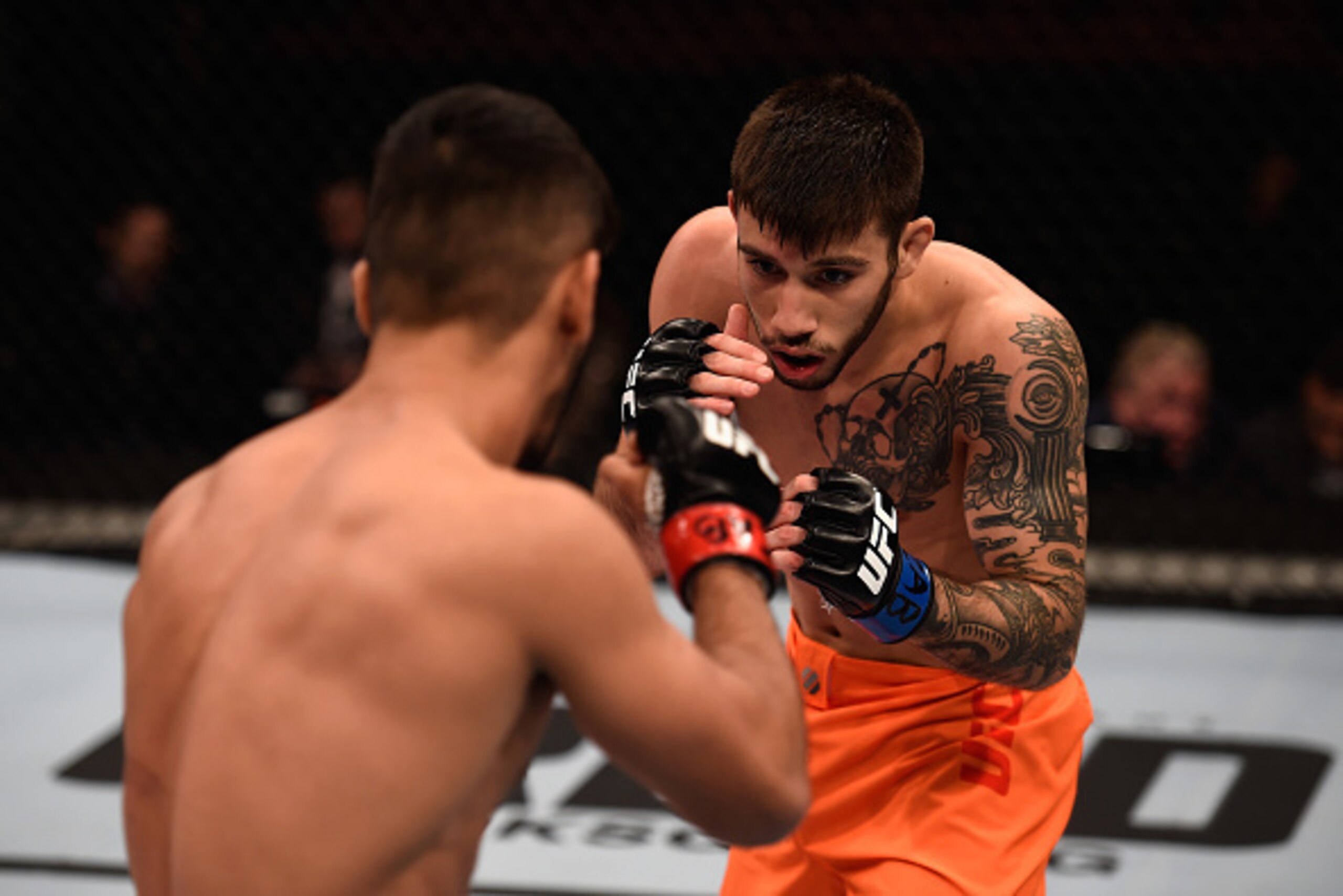 SAO PAULO, BRAZIL - NOVEMBER 07: Matheus Nicolau of Brazil and Bruno Korea of Brazil in their bantamweight bout during the UFC Fight Night Belfort v Henderson at Ibirapuera Gymnasium on November 7, 2015 in Sao Paulo, Brazil. on November 7, 2015 in Sao Pau
