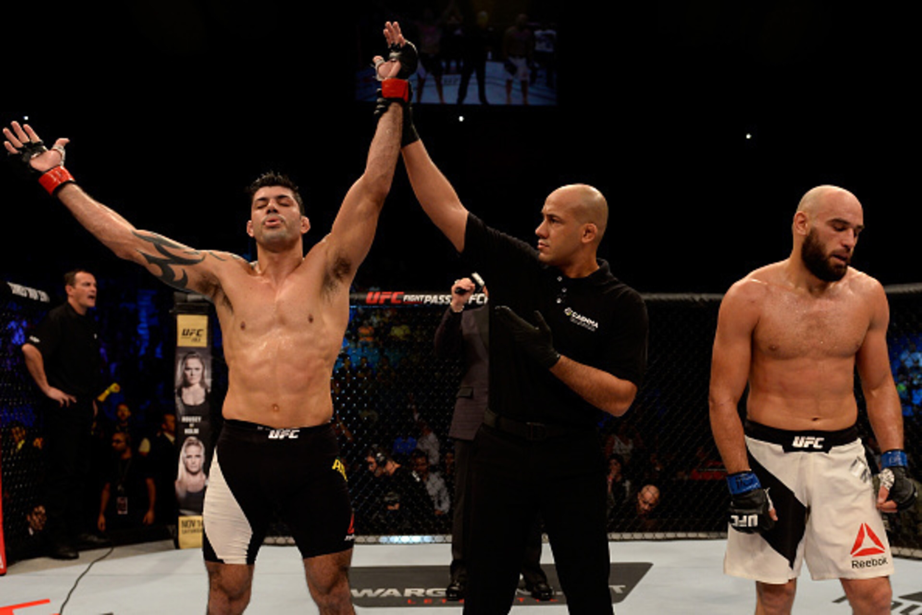 SAO PAULO, BRAZIL - NOVEMBER 07: Viscardi Andrade of Brazil celebrates victory over Gasan Umalatov of Russia in their welterweight bout during UFC Fight Nigth Belfort v Henderson at Ibirapuera Gymnasium on November 7, 2015 in Sao Paulo, Brazil. (Photo by 