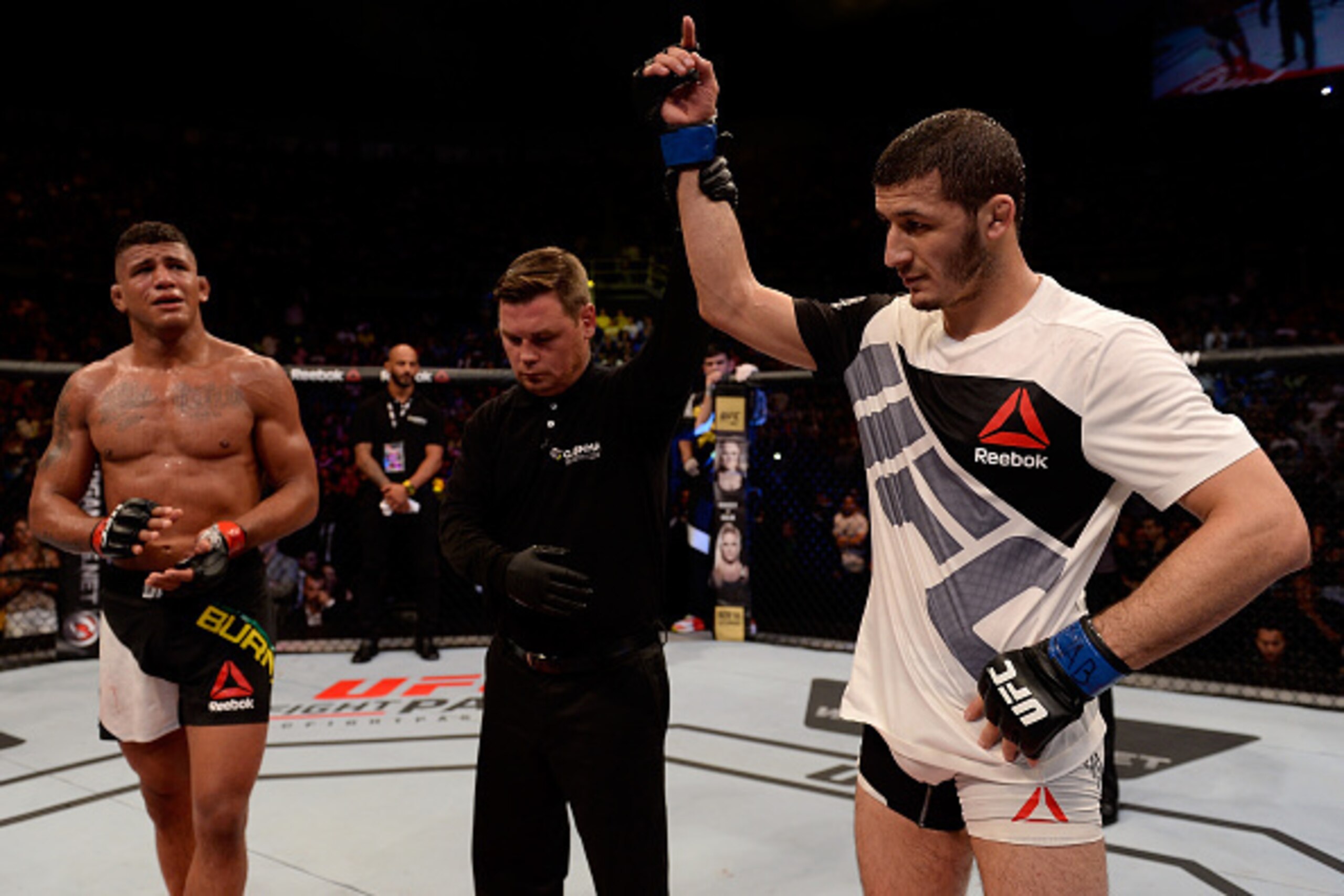 SAO PAULO, BRAZIL - NOVEMBER 07:  Rashid Magomedov of Russia celebrates victory over Gilbert Burns of Brazil in their lightweight bout during the UFC Fight Night Belfort v Henderson at Ibirapuera Gymnasium on November 7, 2015 in Sao Paulo, Brazil.  (Photo