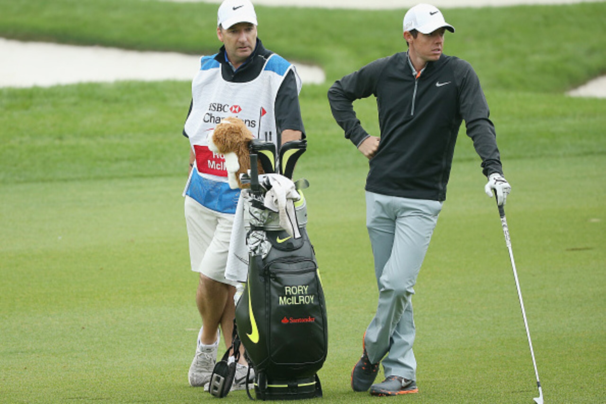 SHANGHAI, CHINA - NOVEMBER 08:  Rory McIlroy of Northern Ireland waits with his caddie JP Fitzgerald on the first hole during the final round of the WGC - HSBC Champions at the Sheshan International Golf Club on November 8, 2015 in Shanghai, China.  (Phot