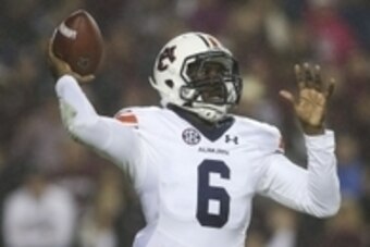 Nov 7, 2015; College Station, TX, USA; Auburn Tigers quarterback Jeremy Johnson (6) throws the ball during the second quarter against the Texas A&M Aggies at Kyle Field. Mandatory Credit: Troy Taormina-USA TODAY Sports