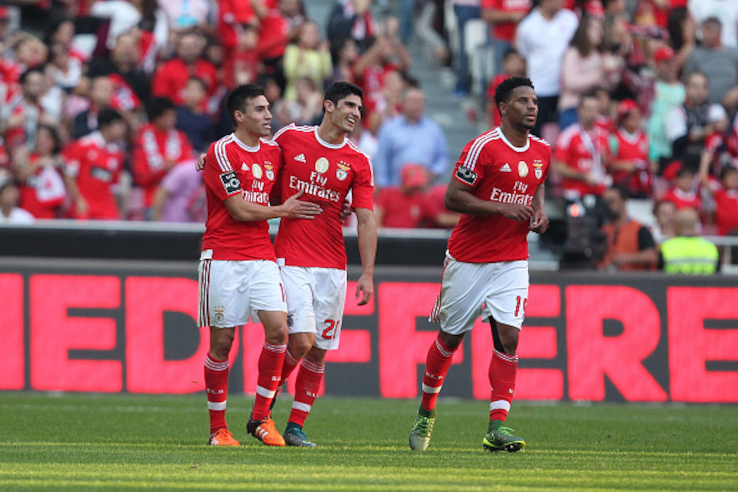 LISBON, PORTUGAL - NOVEMBER 8: Benfica's forward Goncalo Guedes celebrates scoring Benfica's first goal with Benfica's forward Gaitan during the match between SL Benfica and Boavista FC at Estadio da Luz on November 8, 2015 in Lisbon, Portugal.  (Photo by
