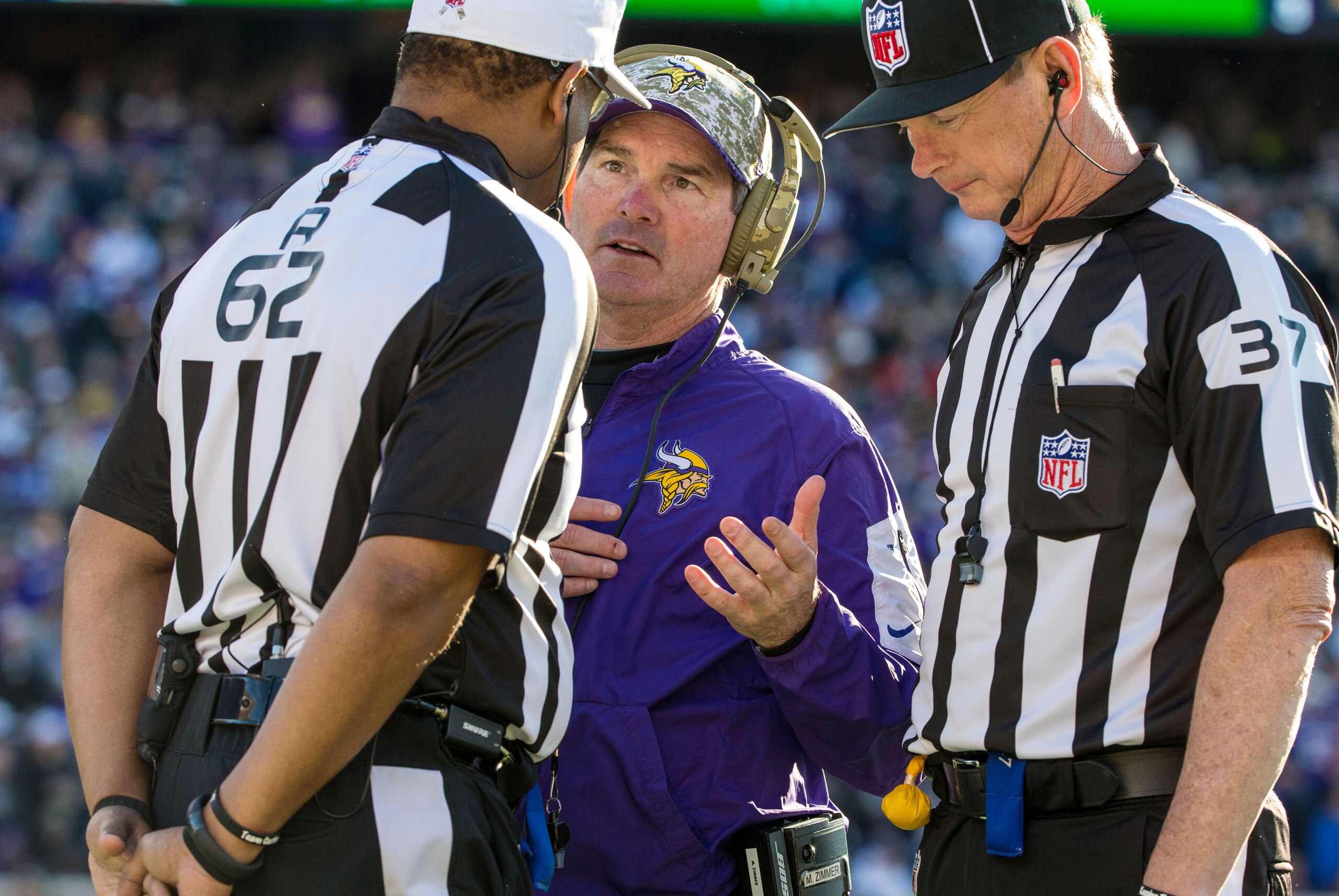 Nov 8, 2015; Minneapolis, MN, USA; Minnesota Vikings head coach Mike Zimmer talks to the referees during the fourth quarter against the St. Louis Rams at TCF Bank Stadium. The Vikings defeated the Rams 21-18. Mandatory Credit: Brace Hemmelgarn-USA TODAY S