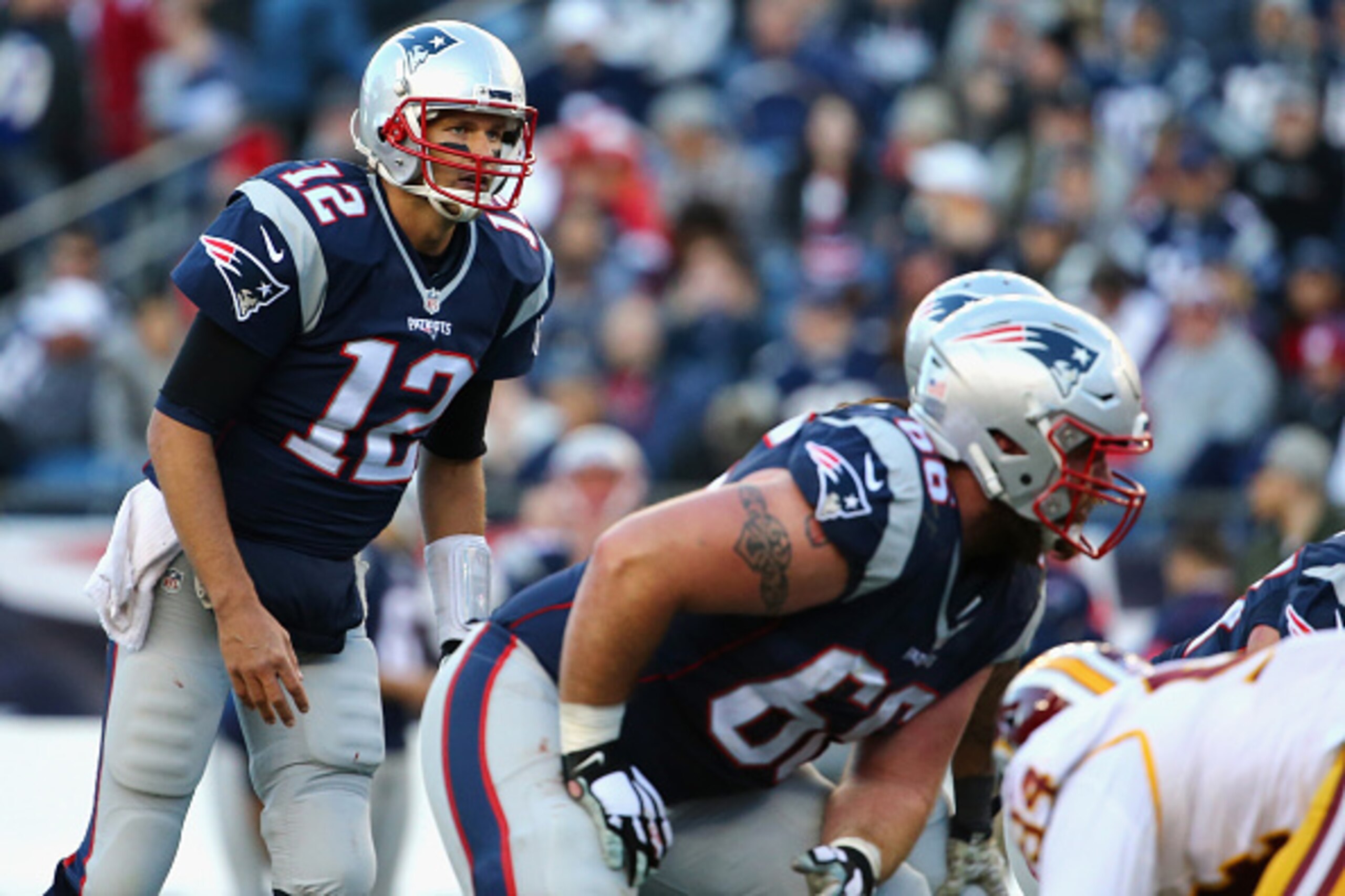 FOXBORO, MA - NOVEMBER 08:  Tom Brady #12 of the New England Patriots calls a play during the second half against the Washington Redskins at Gillette Stadium on November 8, 2015 in Foxboro, Massachusetts.  (Photo by Maddie Meyer/Getty Images)