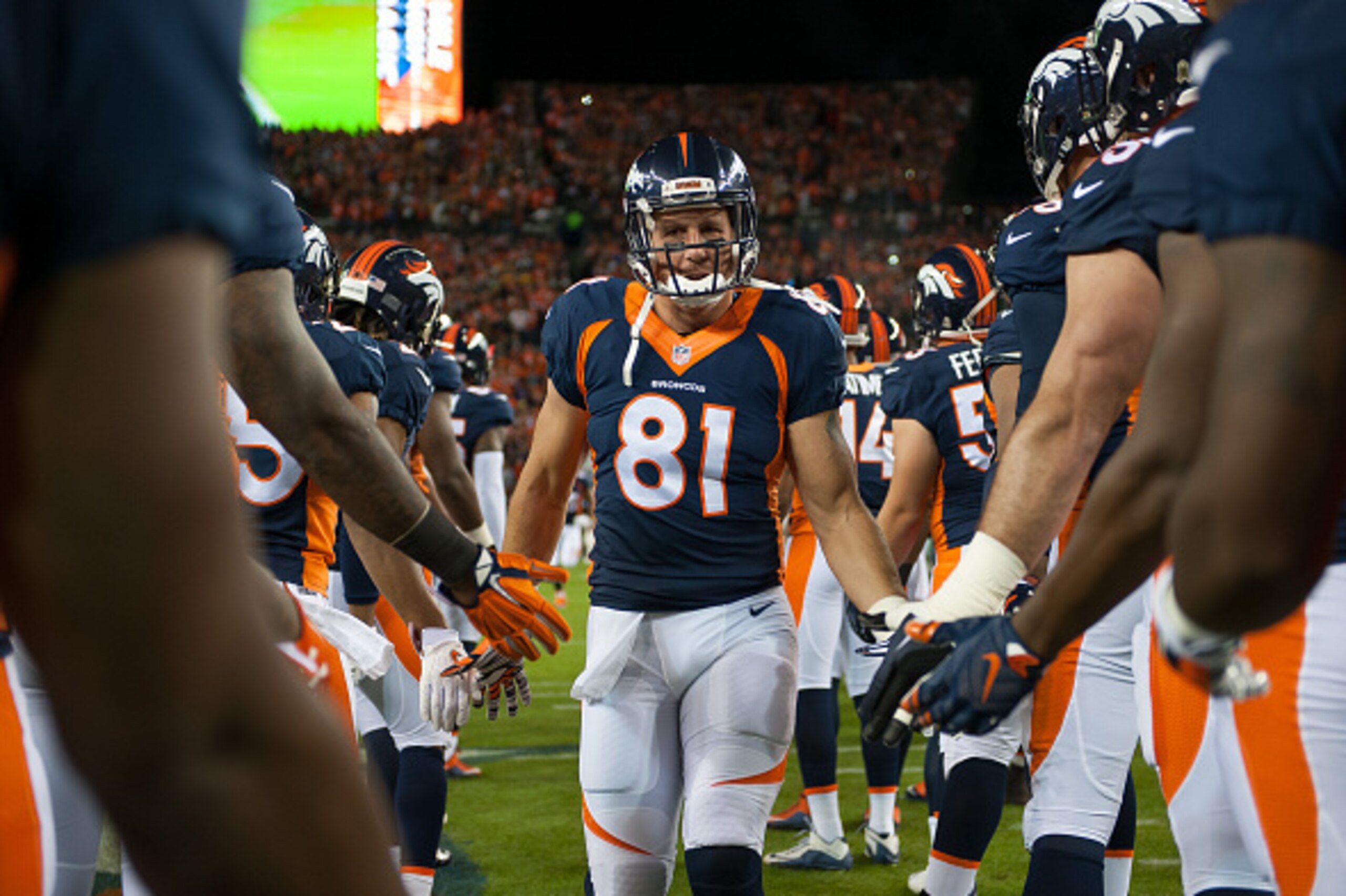 DENVER, CO - NOVEMBER 1: Tight end Owen Daniels #81 of the Denver Broncos runs onto the field during player introductions at Sports Authority Field at Mile High on November 1, 2015 in Denver, Colorado. (Photo by Dustin Bradford/Getty Images)