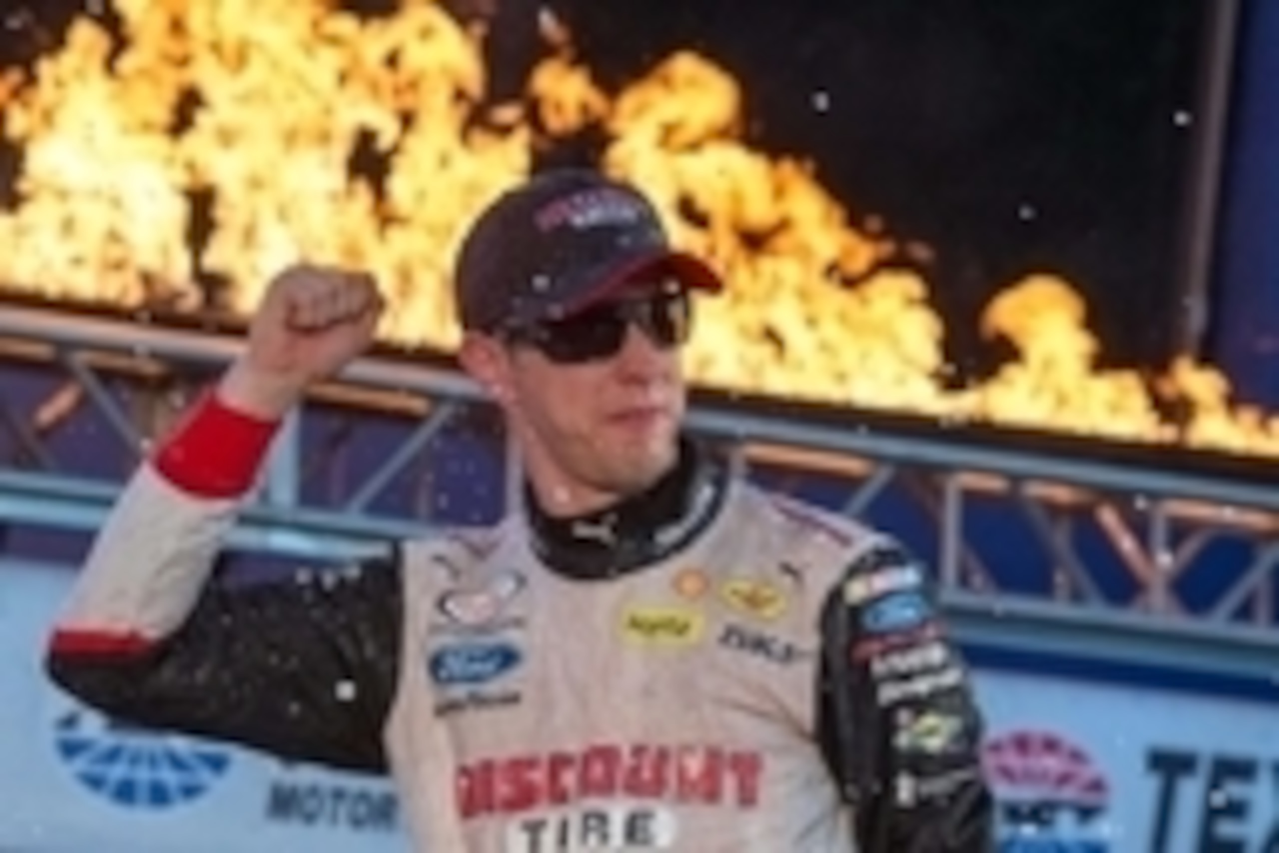 Nov 7, 2015; Ft. Worth, TX, USA; Xfinity Series driver Brad Keselowski (22) celebrates winning the O'Reilly Auto Parts Challenge at Texas Motor Speedway. Mandatory Credit: Jerome Miron-USA TODAY Sports