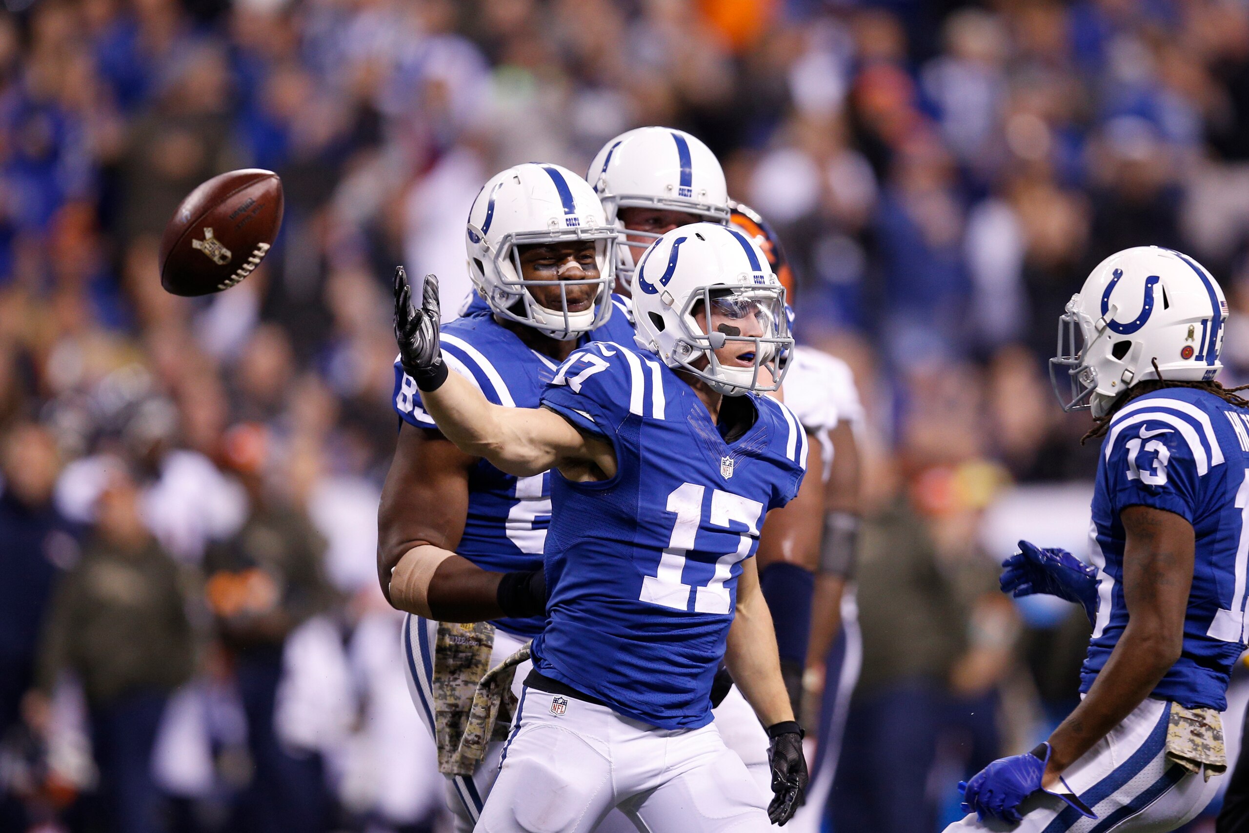 INDIANAPOLIS, IN - NOVEMBER 8: Griff Whalen #17 of the Indianapolis Colts reacts after a play in the fourth quarter of the game at Lucas Oil Stadium on November 8, 2015 in Indianapolis, Indiana. The Colts defeated the Broncos 27-24. (Photo by Joe Robbins/
