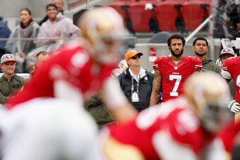 SANTA CLARA, CA - NOVEMBER 08:  Colin Kaepernick #7 of the San Francisco 49ers watches Blaine Gabbert #2 play quarterback during their game against the Atlanta Falcons at Levi's Stadium on November 8, 2015 in Santa Clara, California.  (Photo by Ezra Shaw/