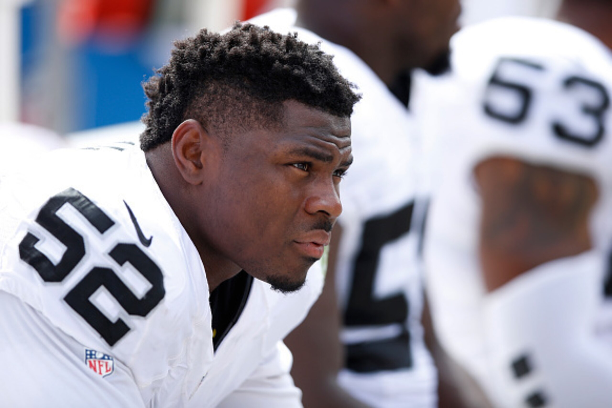 CLEVELAND, OH - SEPTEMBER 27: Khalil Mack #52 of the Oakland Raiders looks on against the Cleveland Browns during a game at FirstEnergy Stadium on September 27, 2015 in Cleveland, Ohio. The Raiders defeated the Browns 27-20. (Photo by Joe Robbins/Getty Im