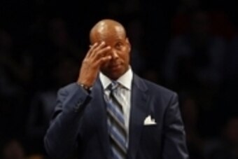 Nov 6, 2015; Brooklyn, NY, USA;  Los Angeles Lakers head coach Byron Scott reacts during second half at Barclays Center.  The Los Angeles Lakers defeated the Brooklyn Nets 104-98.
Mandatory Credit: Noah K. Murray-USA TODAY Sports