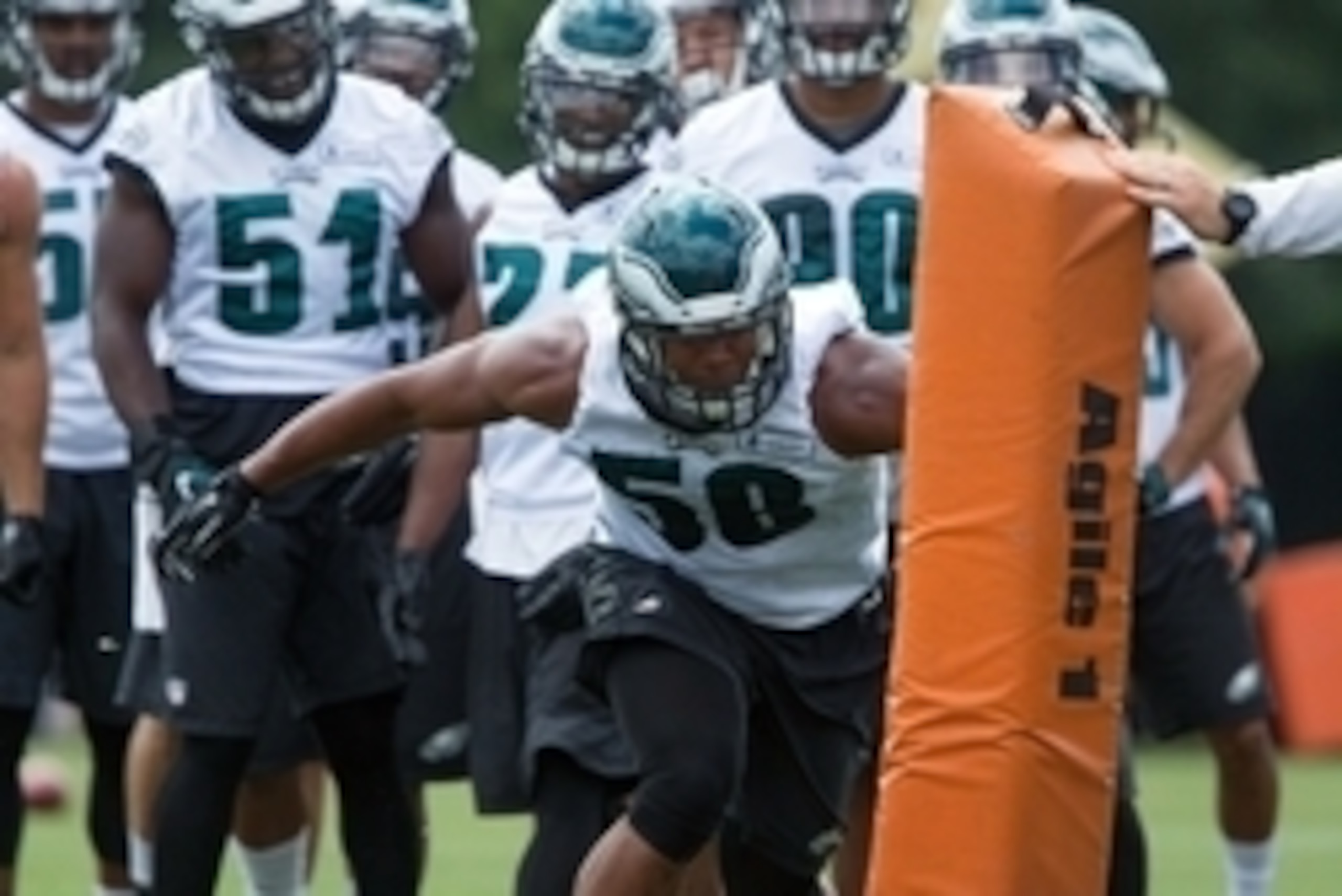 Jun 17, 2015; Philadelphia, PA, USA; Philadelphia Eagles linebacker Jordan Hicks (58) runs drills during minicamp at The NovaCare Complex. Mandatory Credit: Bill Streicher-USA TODAY Sports