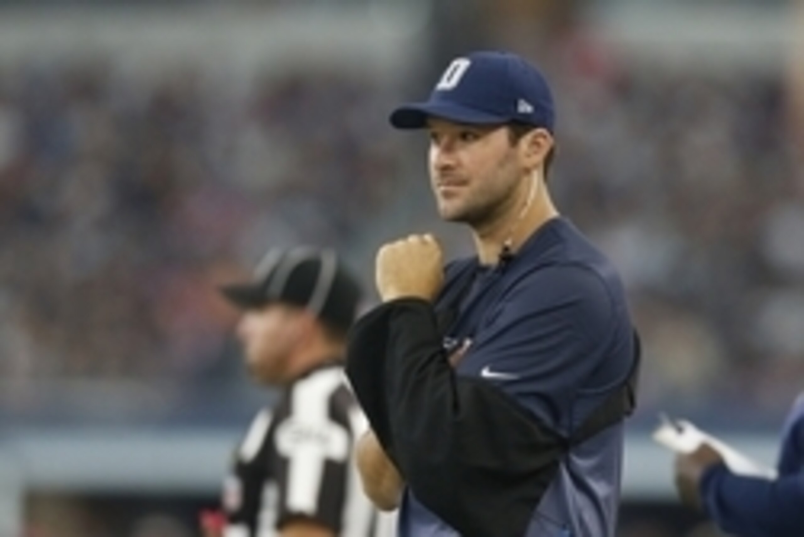 Oct 11, 2015; Arlington, TX, USA; Dallas Cowboys injured quarterback Tony Romo (9) on the sidelines during the third quarter against the New England Patriots at AT&T Stadium. Mandatory Credit: Matthew Emmons-USA TODAY Sports Oct 11, 2015; Arlington, TX, USA; Dallas Cowboys injured quarterback Tony Romo (9) on the sidelines during the third quarter against the New England Patriots at AT&T Stadium. Mandatory Credit: Matthew Emmons-USA TODAY Sports
