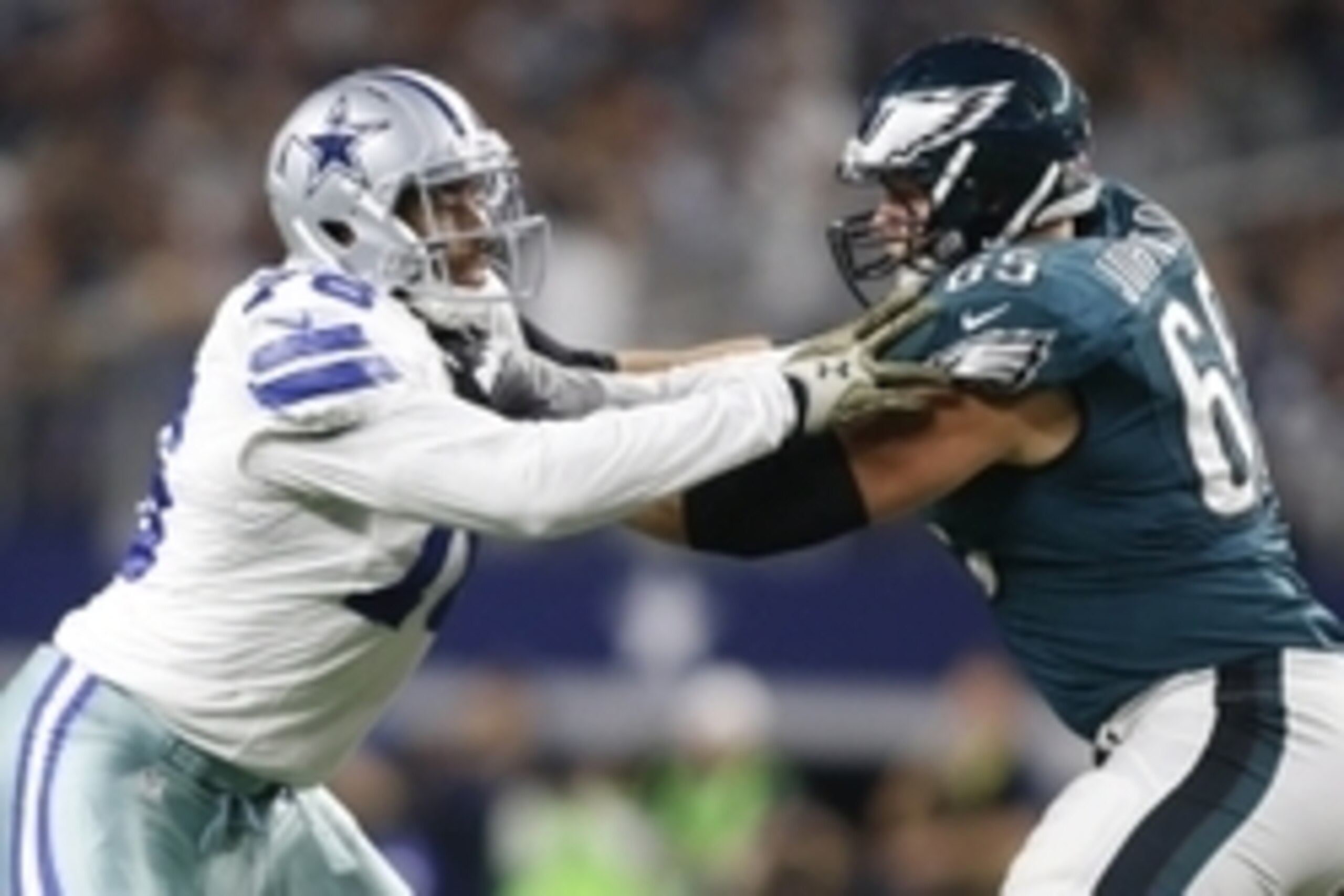 Nov 8, 2015; Arlington, TX, USA;  Dallas Cowboys defensive end Greg Hardy (76) is blocked by Philadelphia Eagles tackle Lane Johnson (65) in the second quarter at AT&T Stadium. Mandatory Credit: Tim Heitman-USA TODAY Sports
