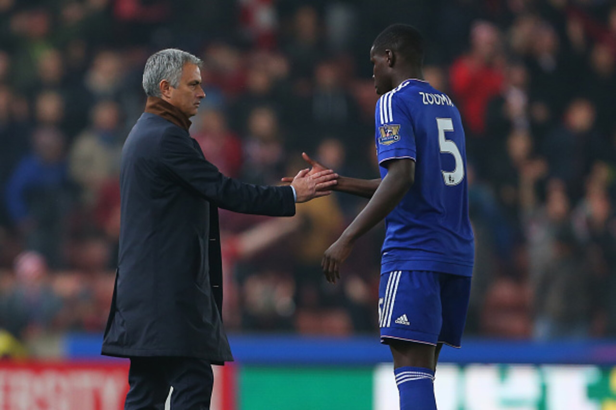 STOKE ON TRENT, ENGLAND - OCTOBER 27:  Jose Mourinho Manager of Chelsea and Kurt Zouma of Chelsea during the Capital One Cup Fourth Round match between Stoke City and Chelsea at Britannia Stadium on October 27, 2015 in Stoke on Trent, England.  (Photo by 