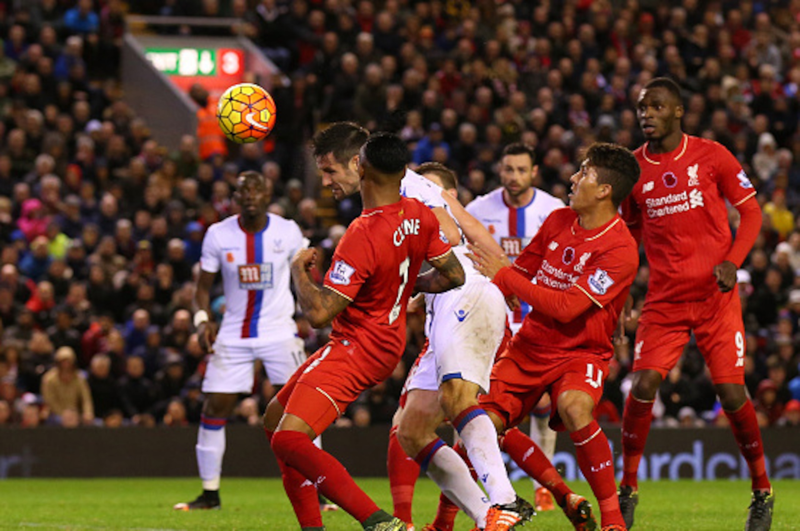 LIVERPOOL, ENGLAND - NOVEMBER 08:  Scott Dann of Crystal Palace (c) scores his side's second goal during the Barclays Premier League match between Liverpool and Crystal Palace at Anfield on November 8, 2015 in Liverpool, England.  (Photo by Alex Livesey/G