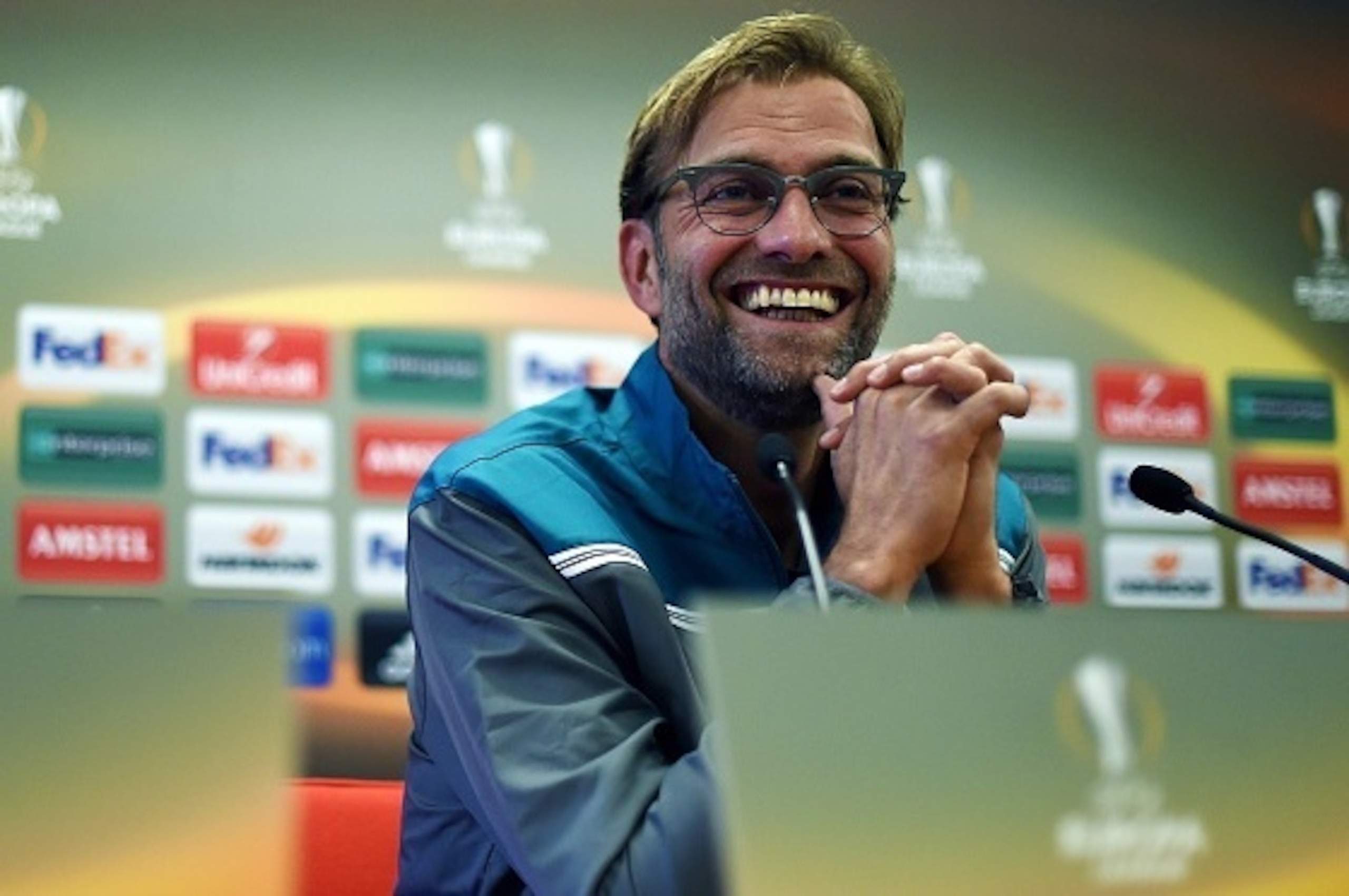 Liverpool's German manager Jurgen Klopp gives a press conference in Liverpool, northwest England, on October 21, 2015, on the eve of their UEFA Europa League group B football match against Rubin Kazan. AFP PHOTO / PAUL ELLIS        (Photo credit should re