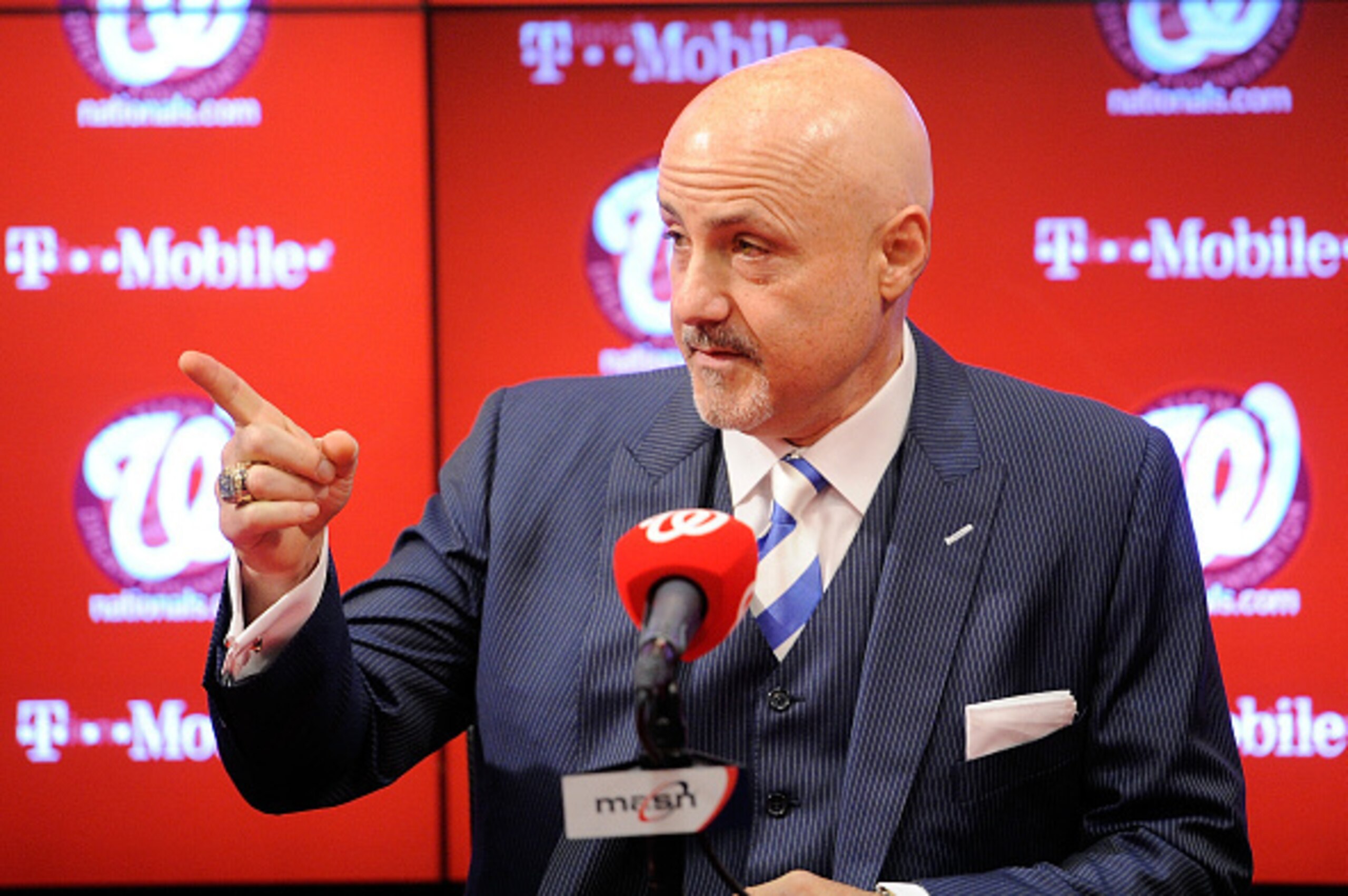 WASHINGTON, DC - NOVEMBER 05: General Manager Mike Rizzo of the Washington Nationals introduces Manager Dusty Baker (not pictured) at Nationals Park on November 5, 2015 in Washington, DC. (Photo by Greg Fiume/Getty Images)