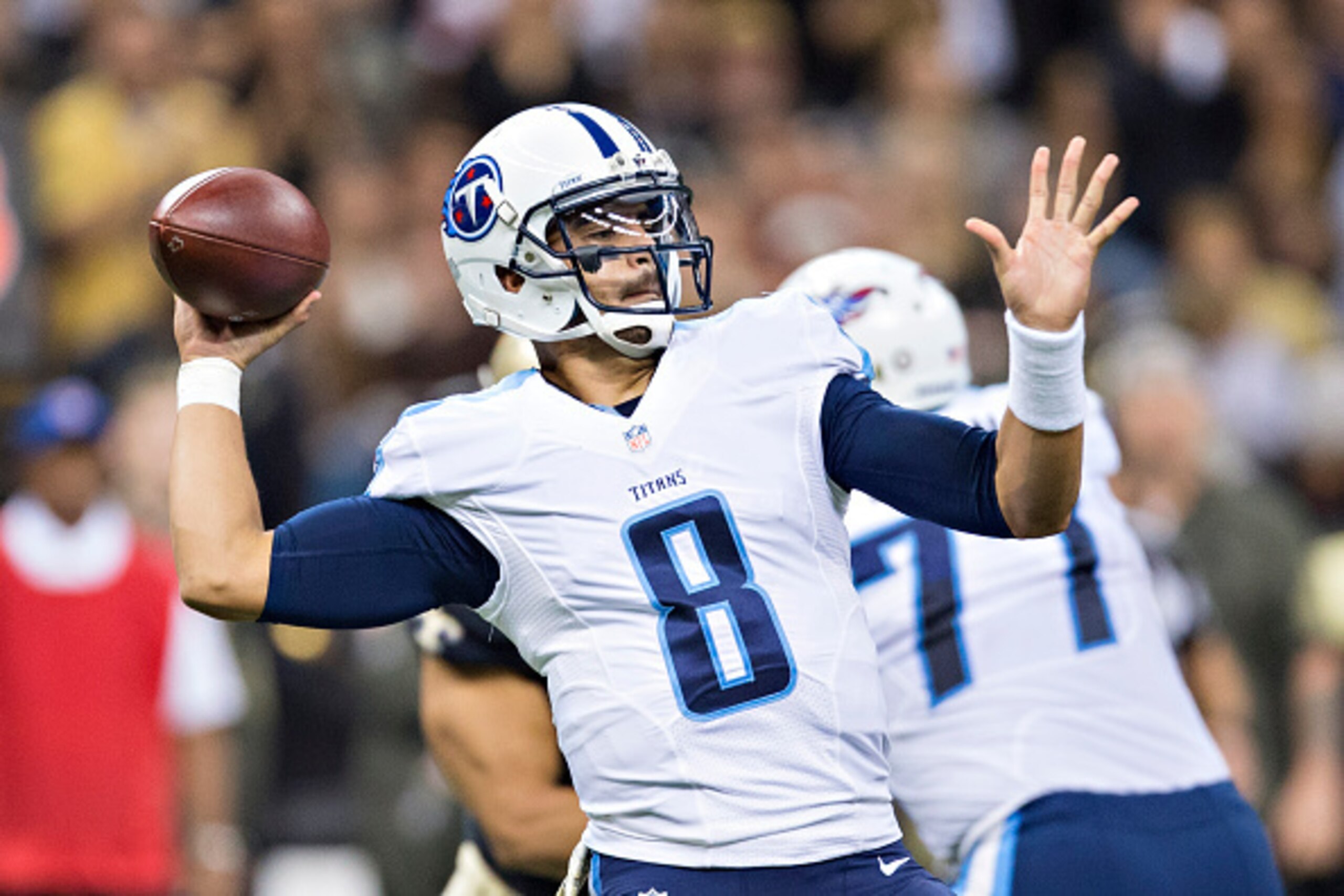 NEW ORLEANS, LA - NOVEMBER 8:  Marcus Mariota #8 of the Tennessee Titans throws a pass during a game against the New Orleans Saints at Mercedes-Benz Superdome on November 8, 2015 in New Orleans, Louisiana.  The Titans defeated the Saints in overtime 34-28