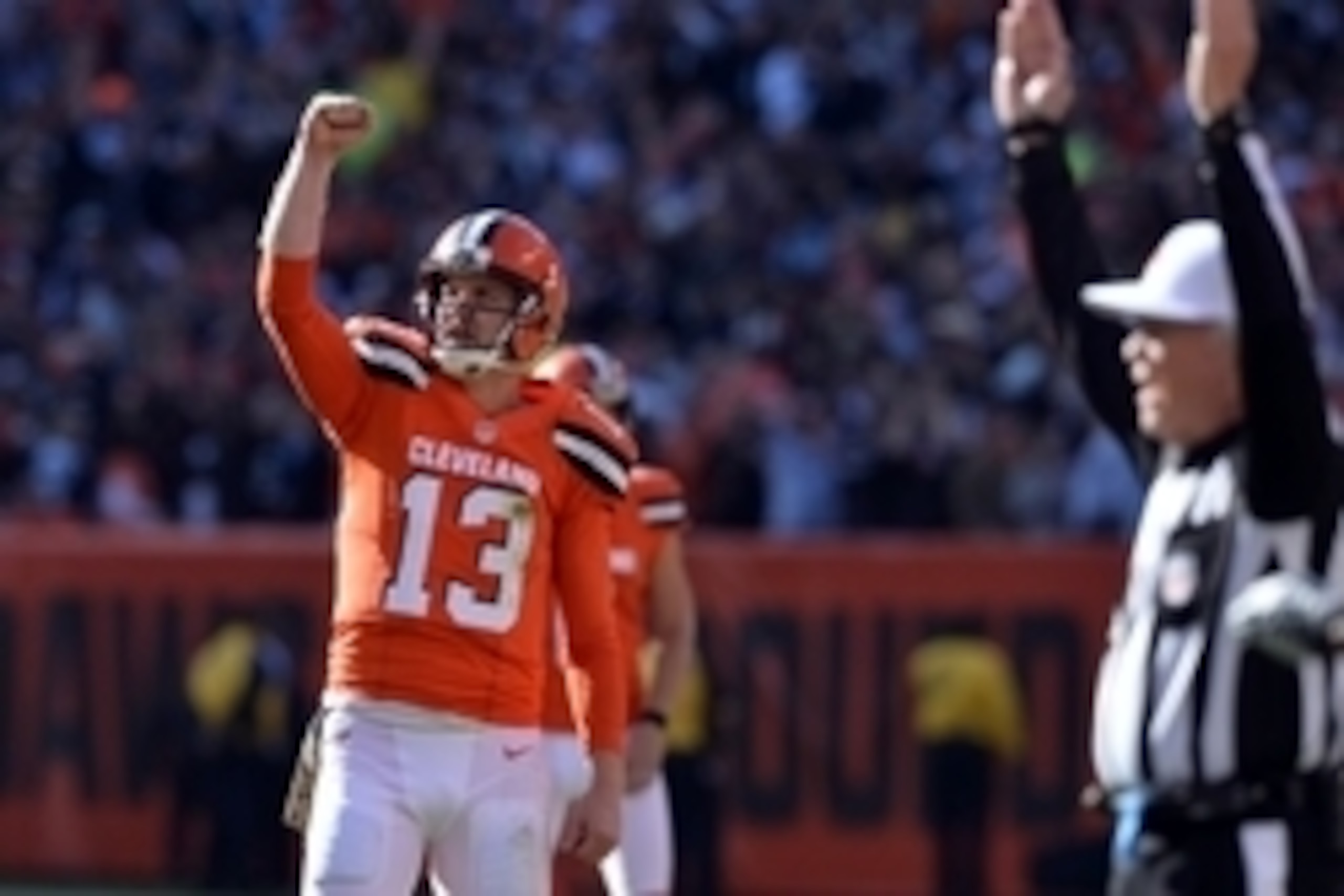 Nov 1, 2015; Cleveland, OH, USA; Cleveland Browns quarterback Josh McCown (13) pumps his fist after throwing a second quarter touchdown to Cleveland Browns wide receiver Brian Hartline (not pictured) against the Arizona Cardinals at FirstEnergy Stadium. M