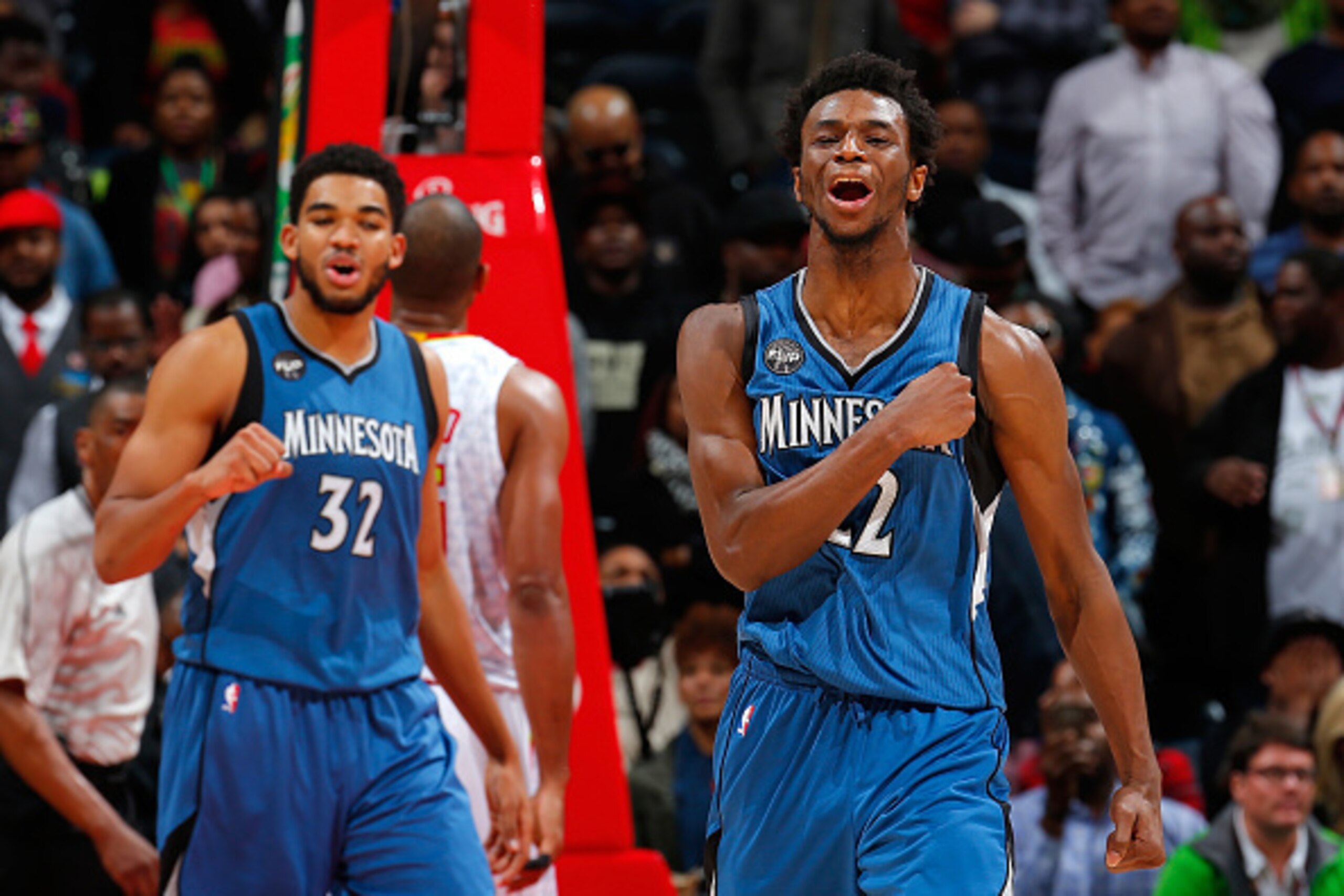 ATLANTA, GA - NOVEMBER 09:  Andrew Wiggins #22 of the Minnesota Timberwolves reacts after drawing a foul on a basket against the Atlanta Hawks at Philips Arena on November 9, 2015 in Atlanta, Georgia.  NOTE TO USER User expressly acknowledges and agrees t